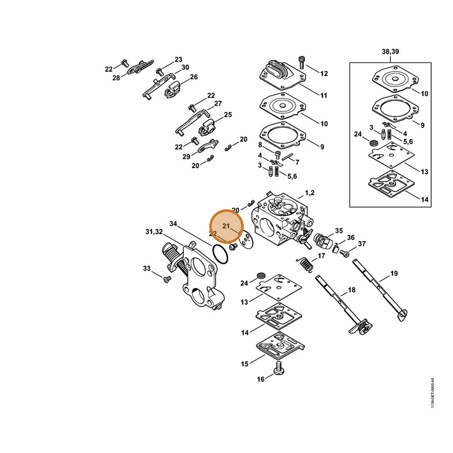 STIHL part 1138-121-2900 — IPL diagram snippet (6x zoom, amber highlight)