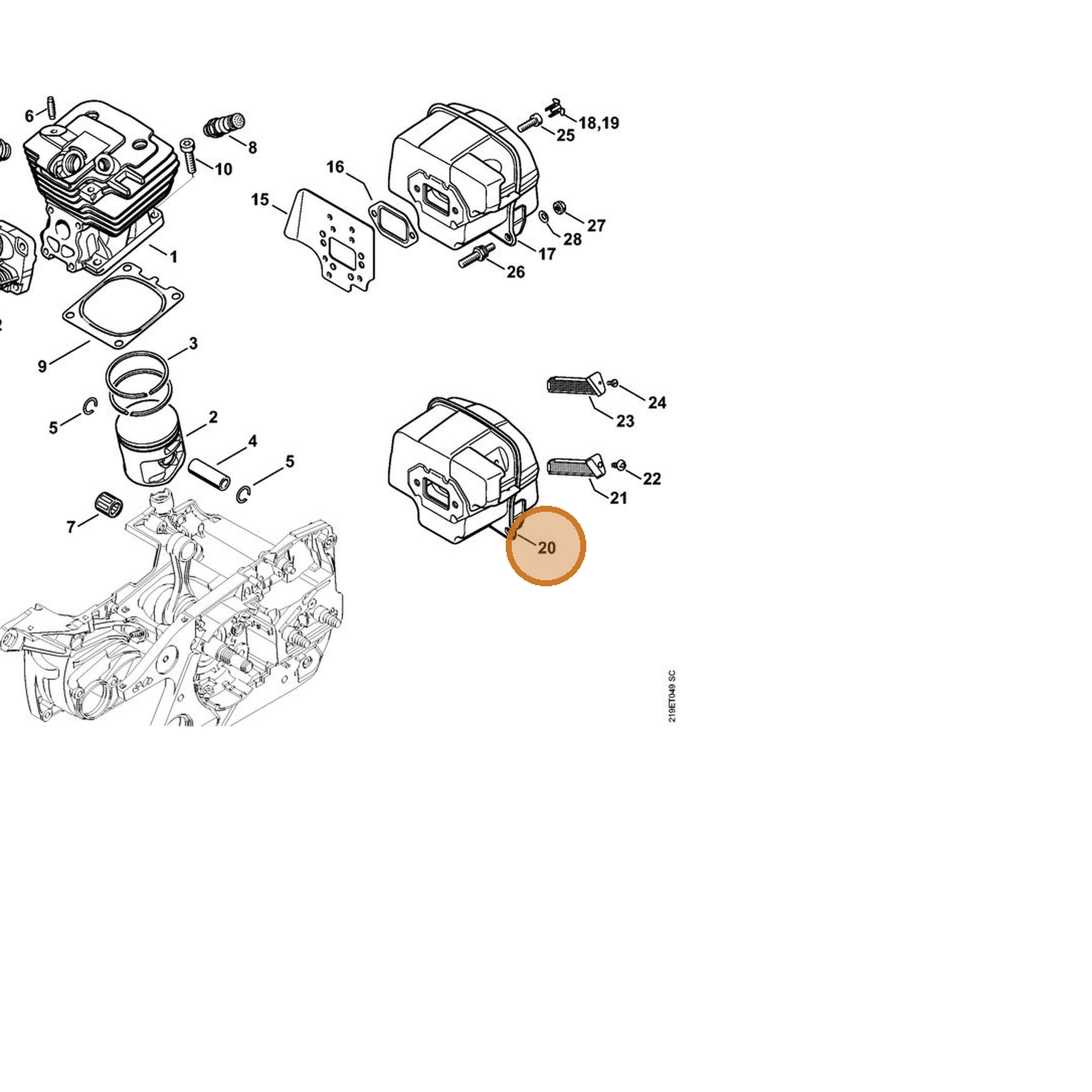 STIHL part 1138-140-0654 — IPL diagram snippet (6x zoom, amber highlight)