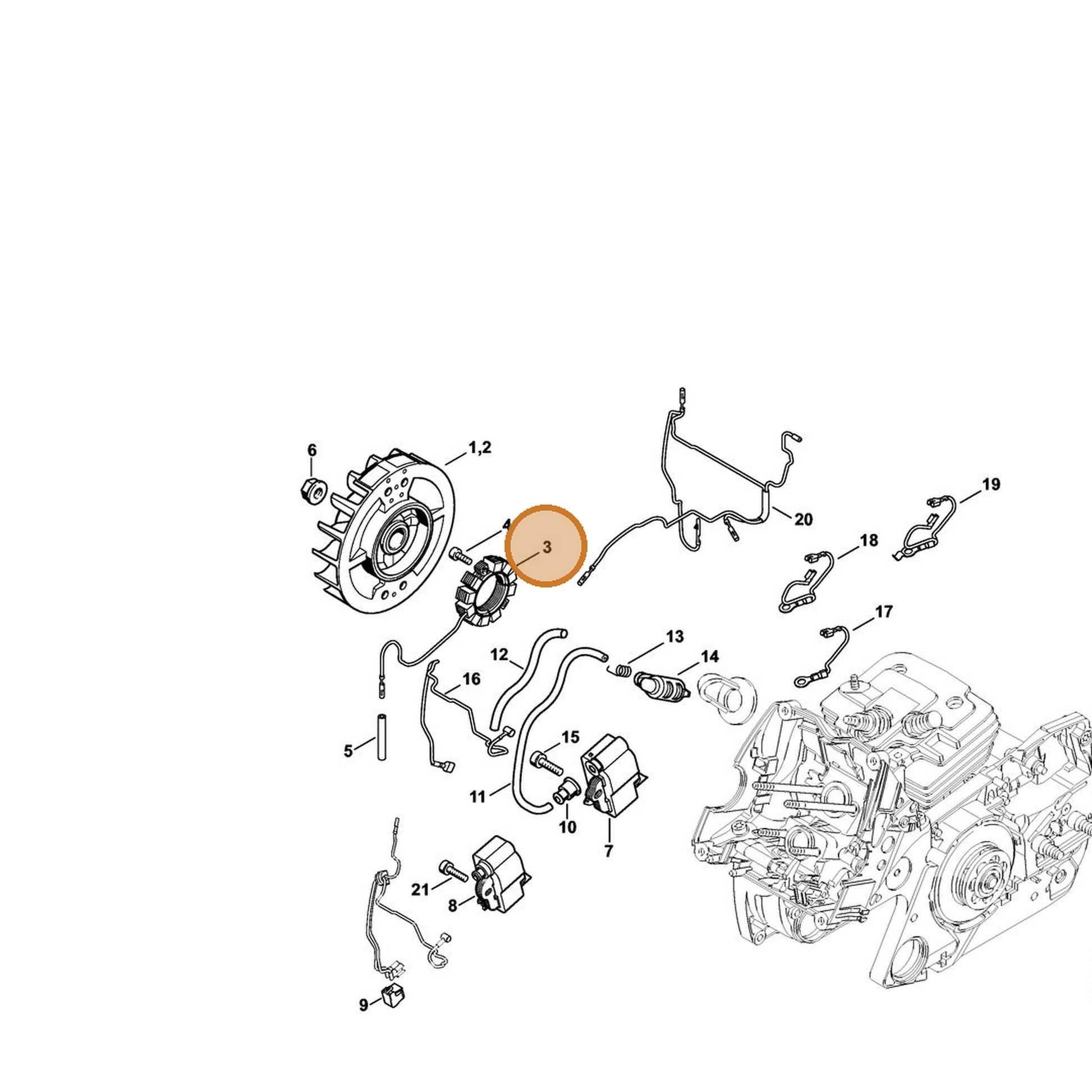 STIHL part 1138-404-3501 — IPL diagram snippet (6x zoom, amber highlight)