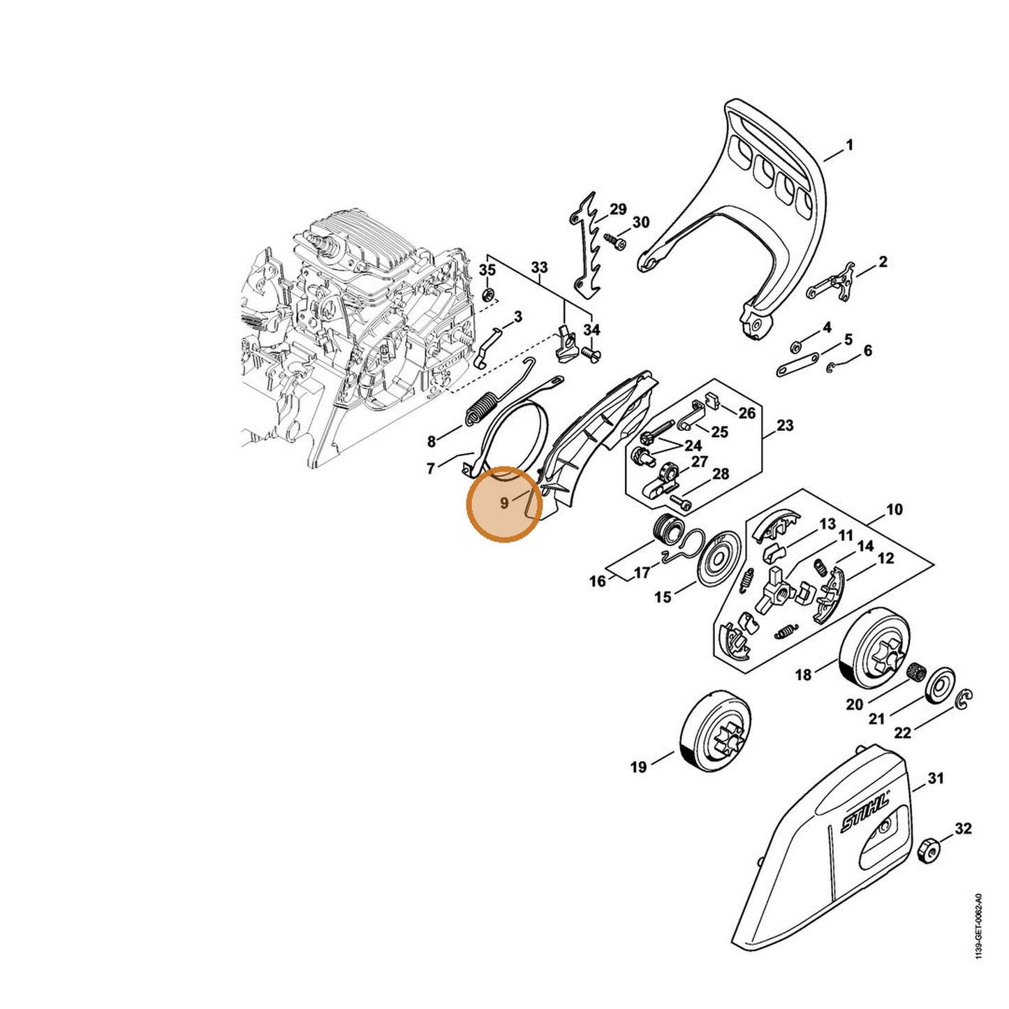 STIHL part 1139-021-1100 — IPL diagram snippet (6x zoom, amber highlight)