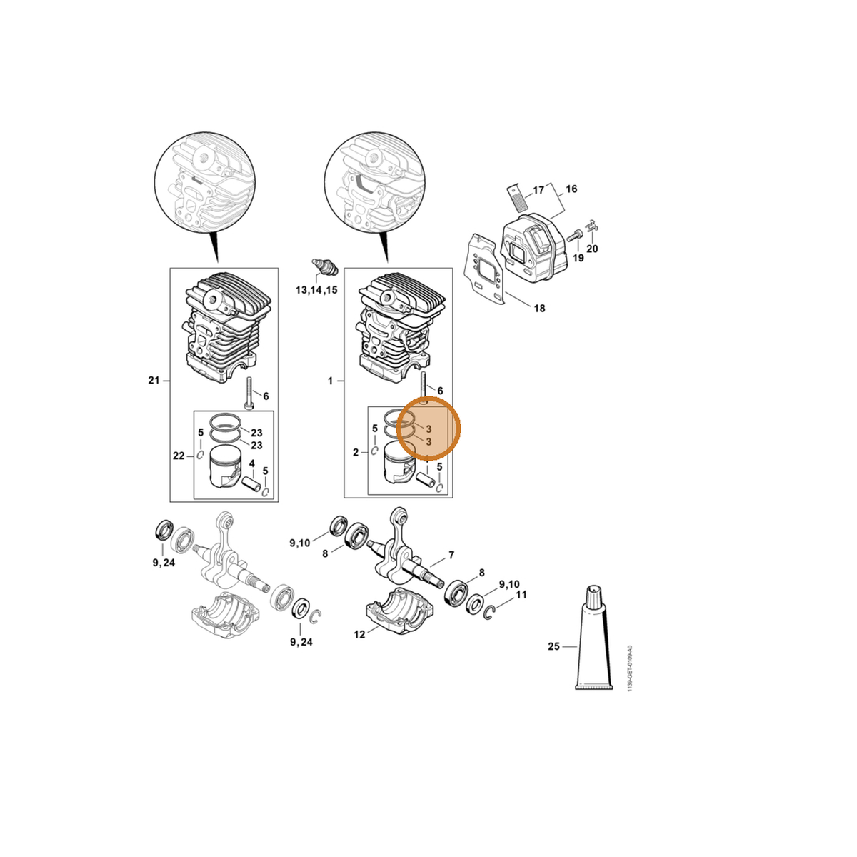 STIHL part 1139-034-3000 — IPL diagram snippet (6x zoom, amber highlight)