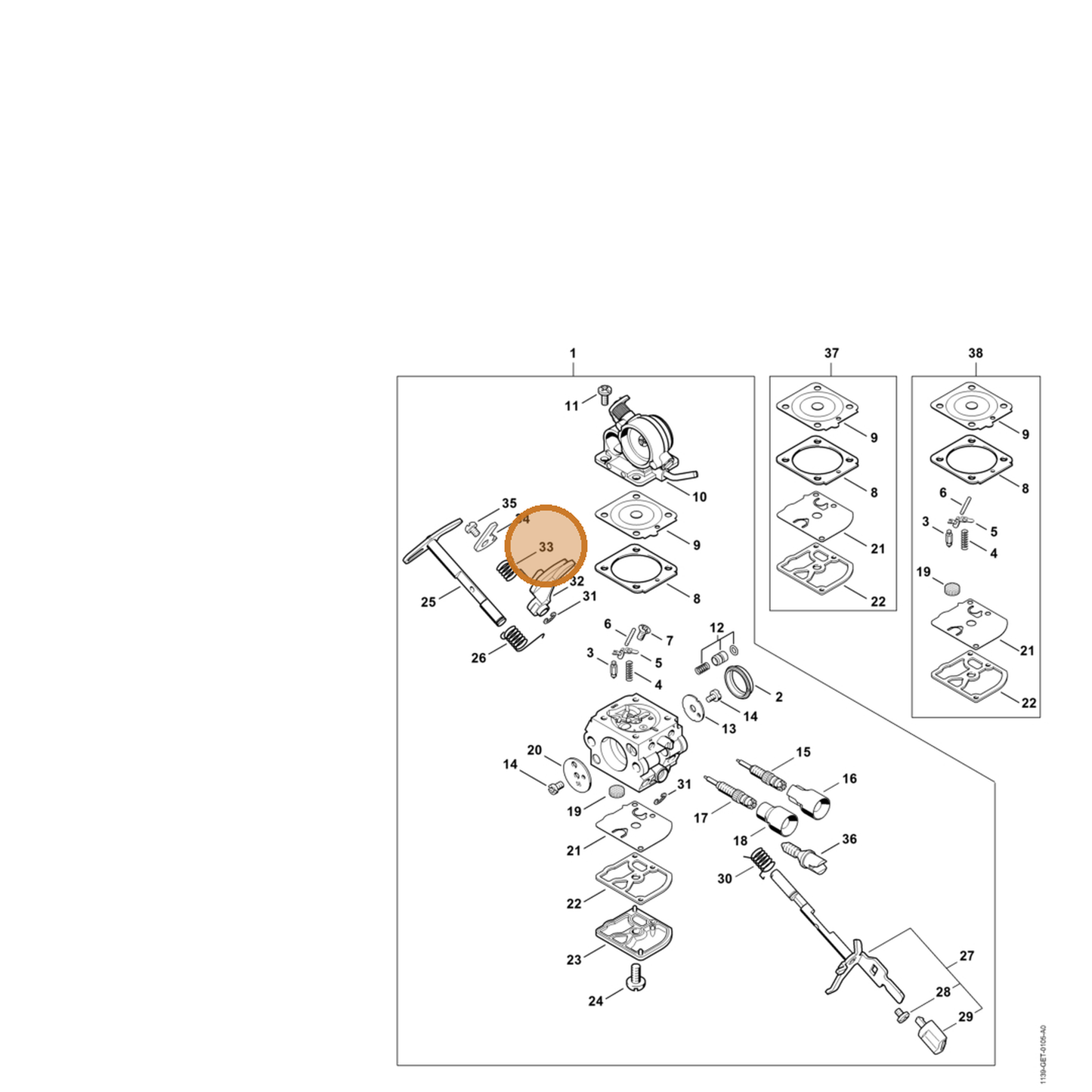 STIHL part 1139-122-3203 — IPL diagram snippet (6x zoom, amber highlight)