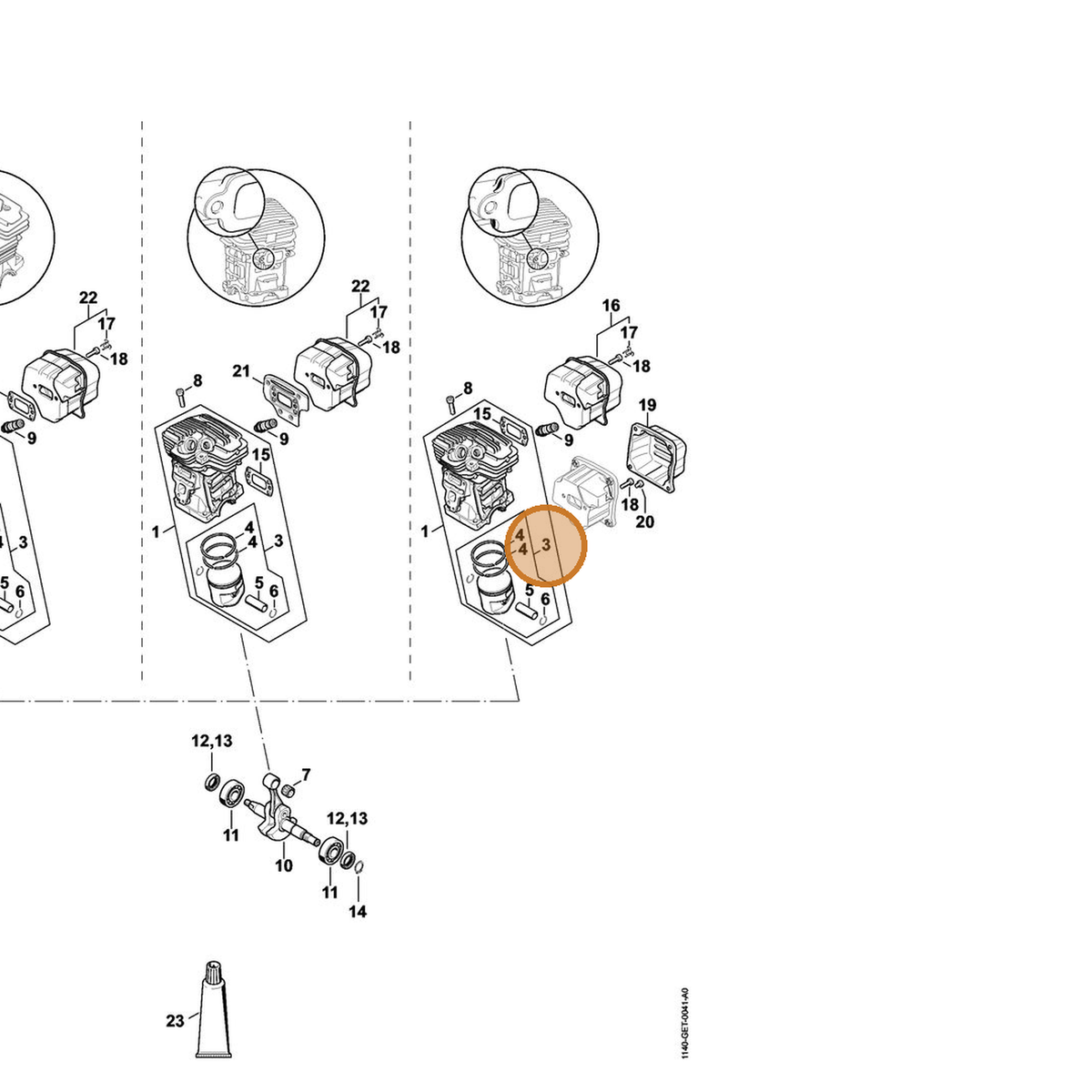 STIHL part 1140-030-2009 — IPL diagram snippet (6x zoom, amber highlight)