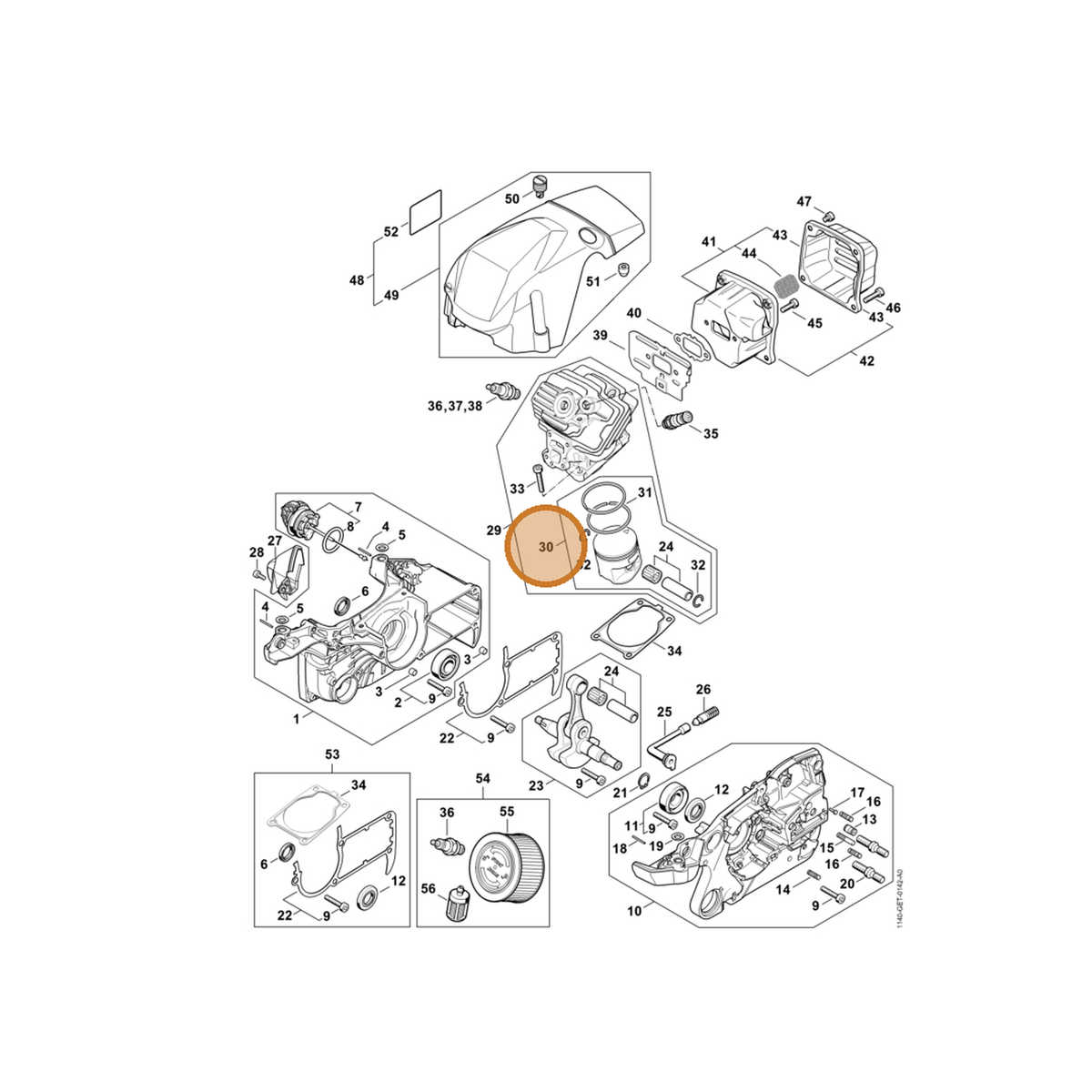 STIHL part 1140-030-2014 — IPL diagram snippet (6x zoom, amber highlight)