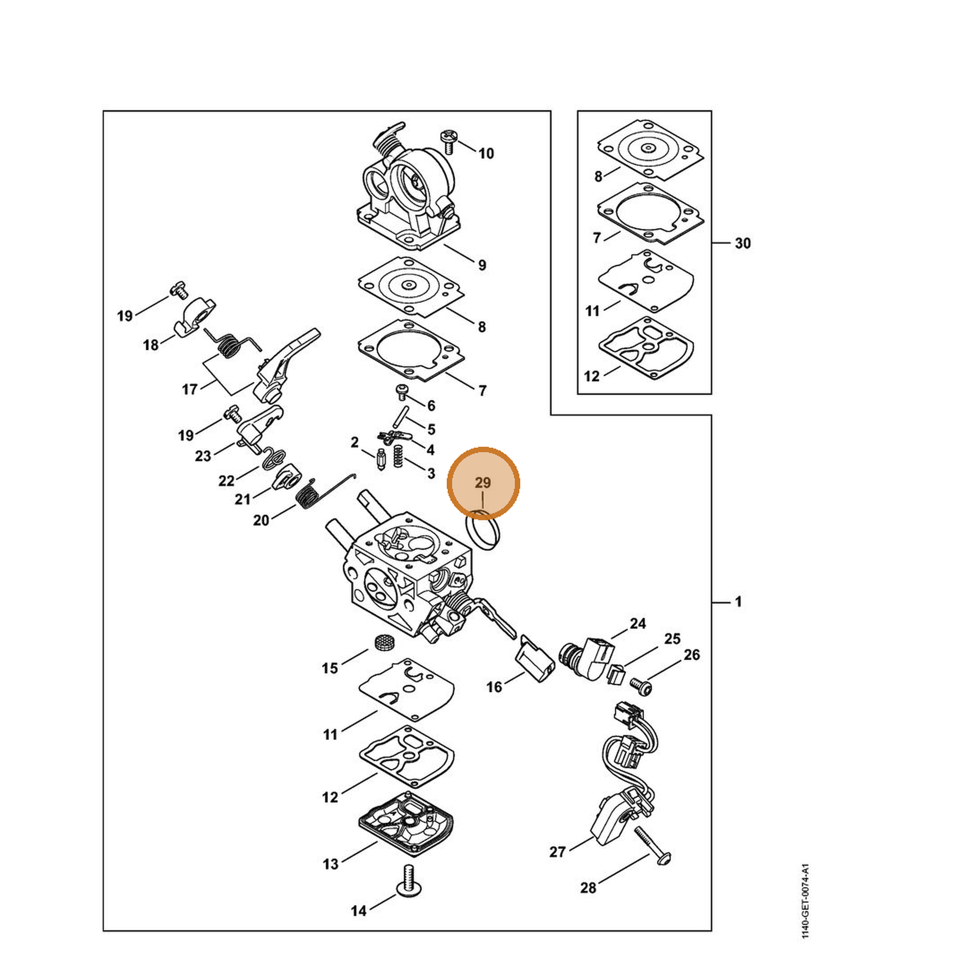 STIHL part 1140-121-9401 — IPL diagram snippet (6x zoom, amber highlight)