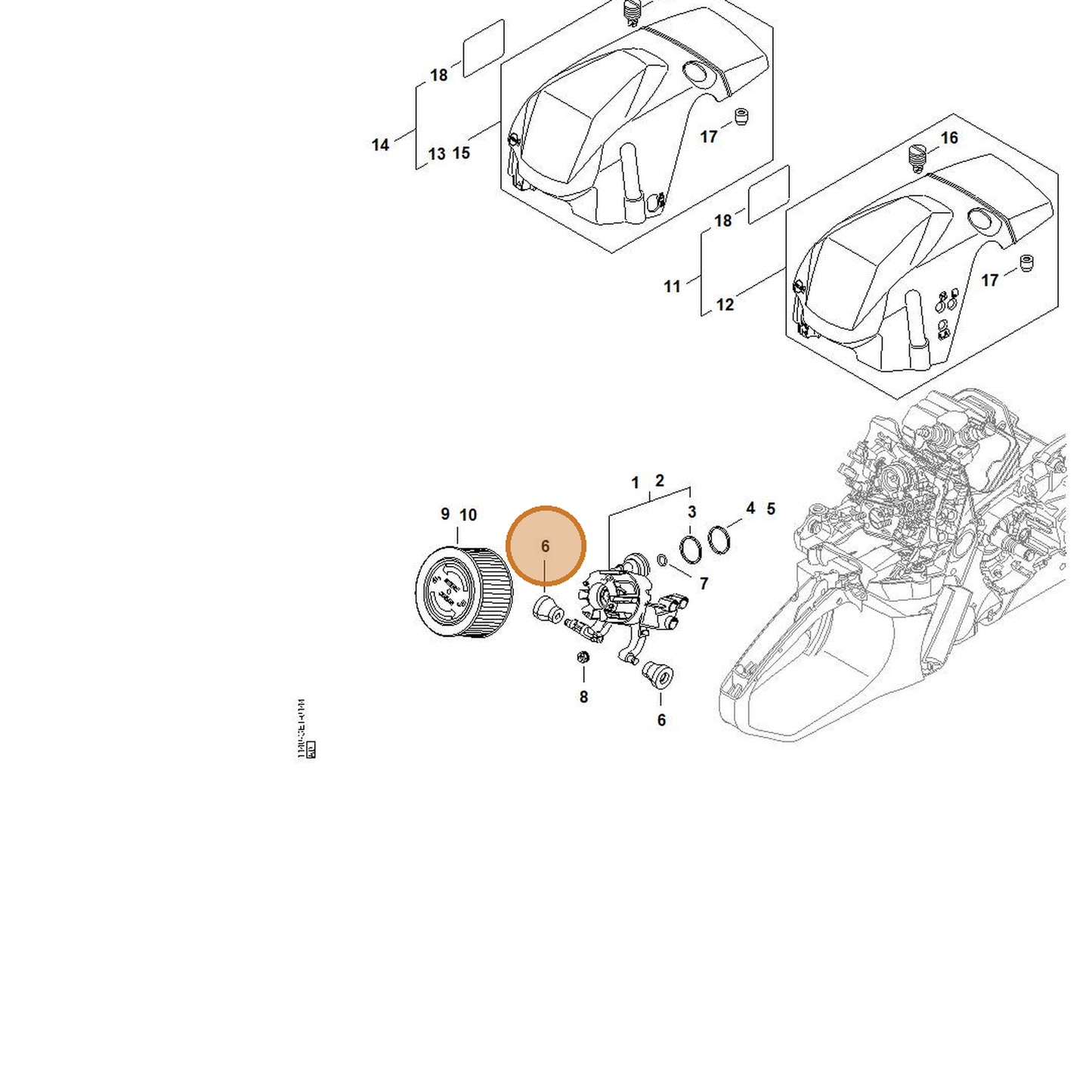 STIHL part 1140-122-9900 — IPL diagram snippet (6x zoom, amber highlight)