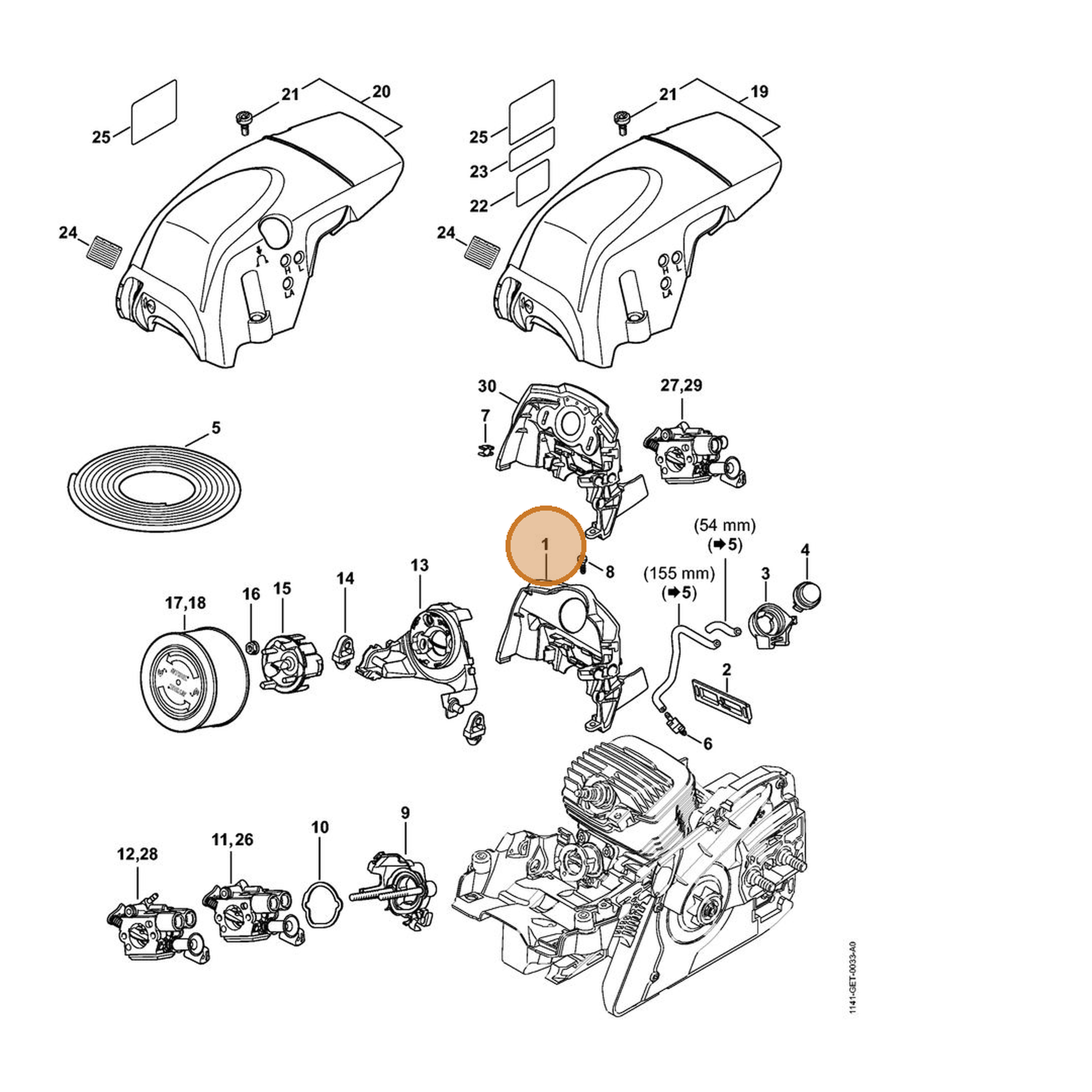 STIHL part 1141-087-3005 — IPL diagram snippet (6x zoom, amber highlight)