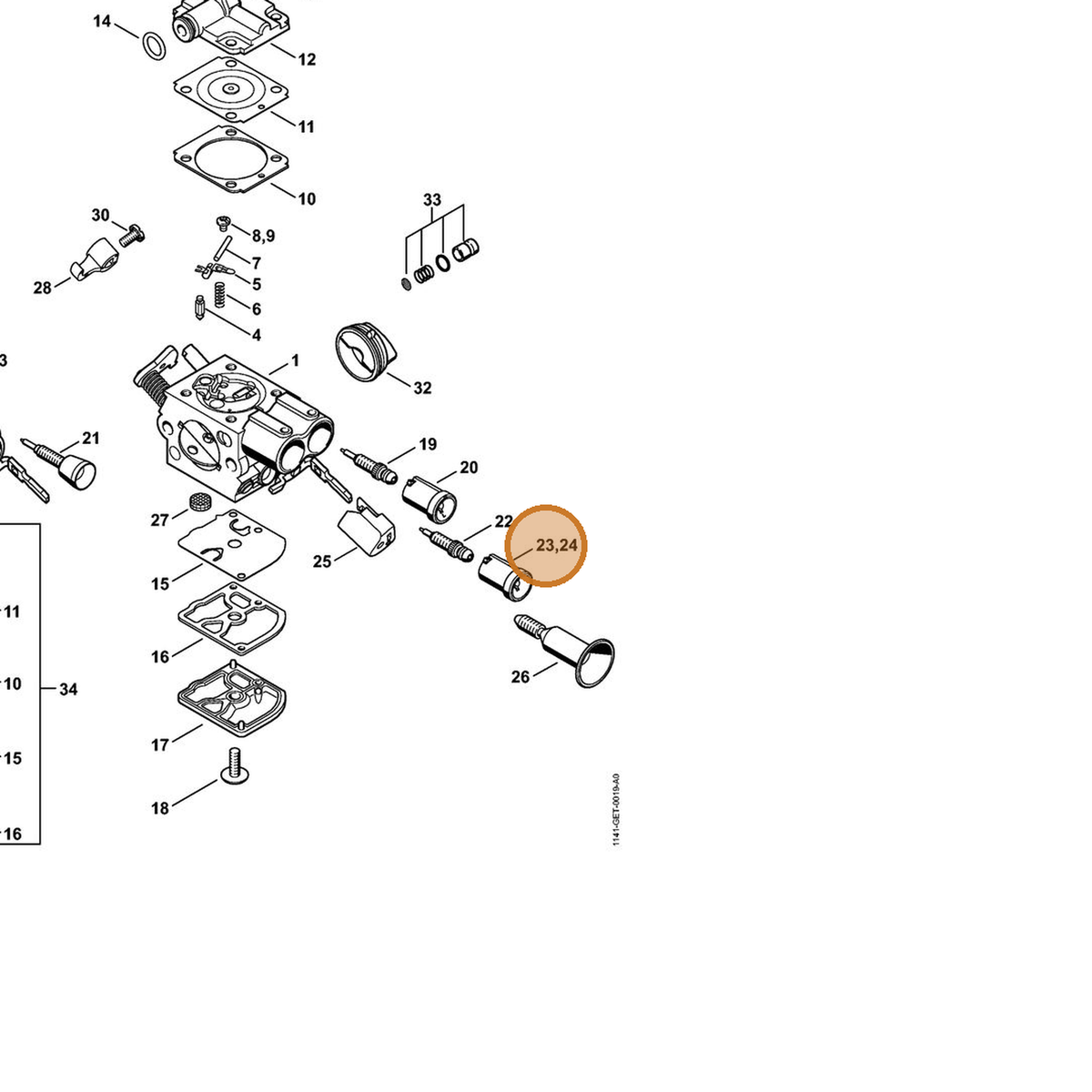 STIHL part 1141-121-2704 — IPL diagram snippet (6x zoom, amber highlight)