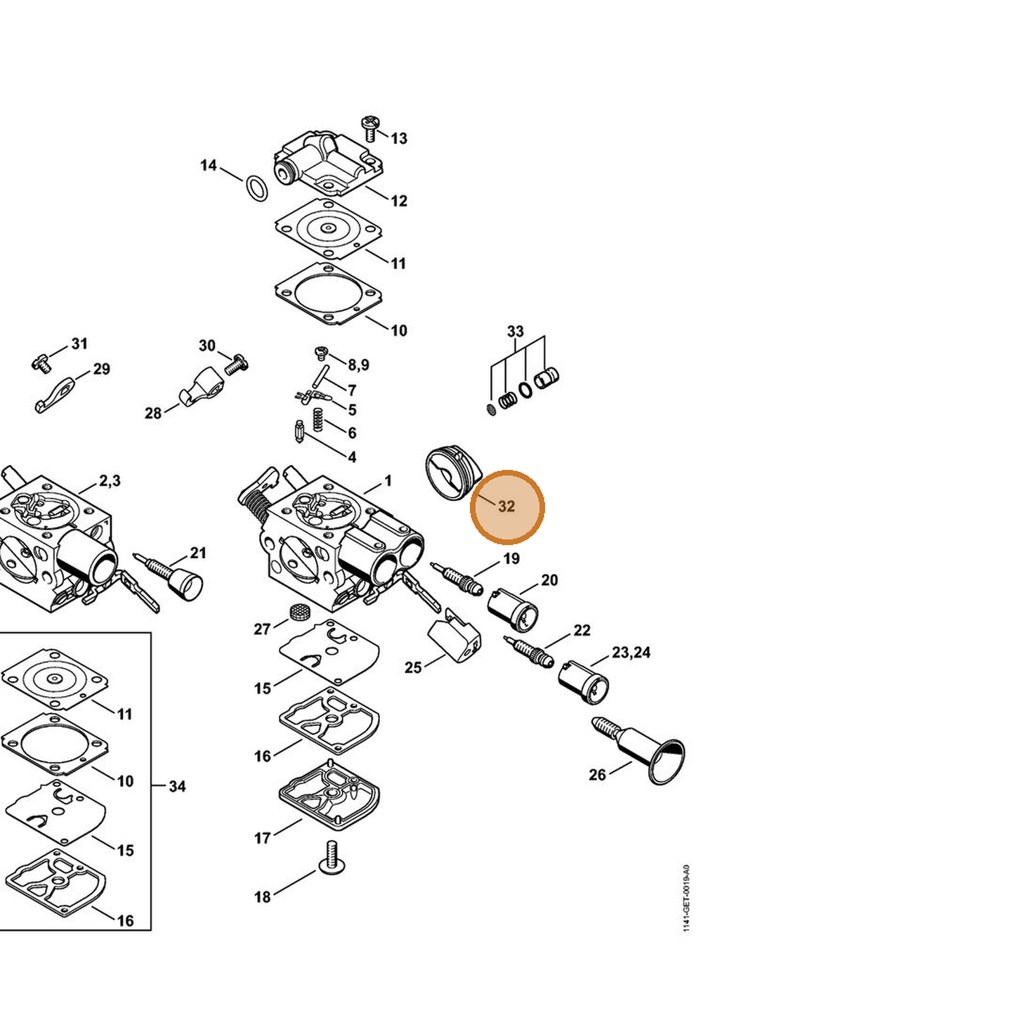 STIHL part 1141-121-9402 — IPL diagram snippet (6x zoom, amber highlight)