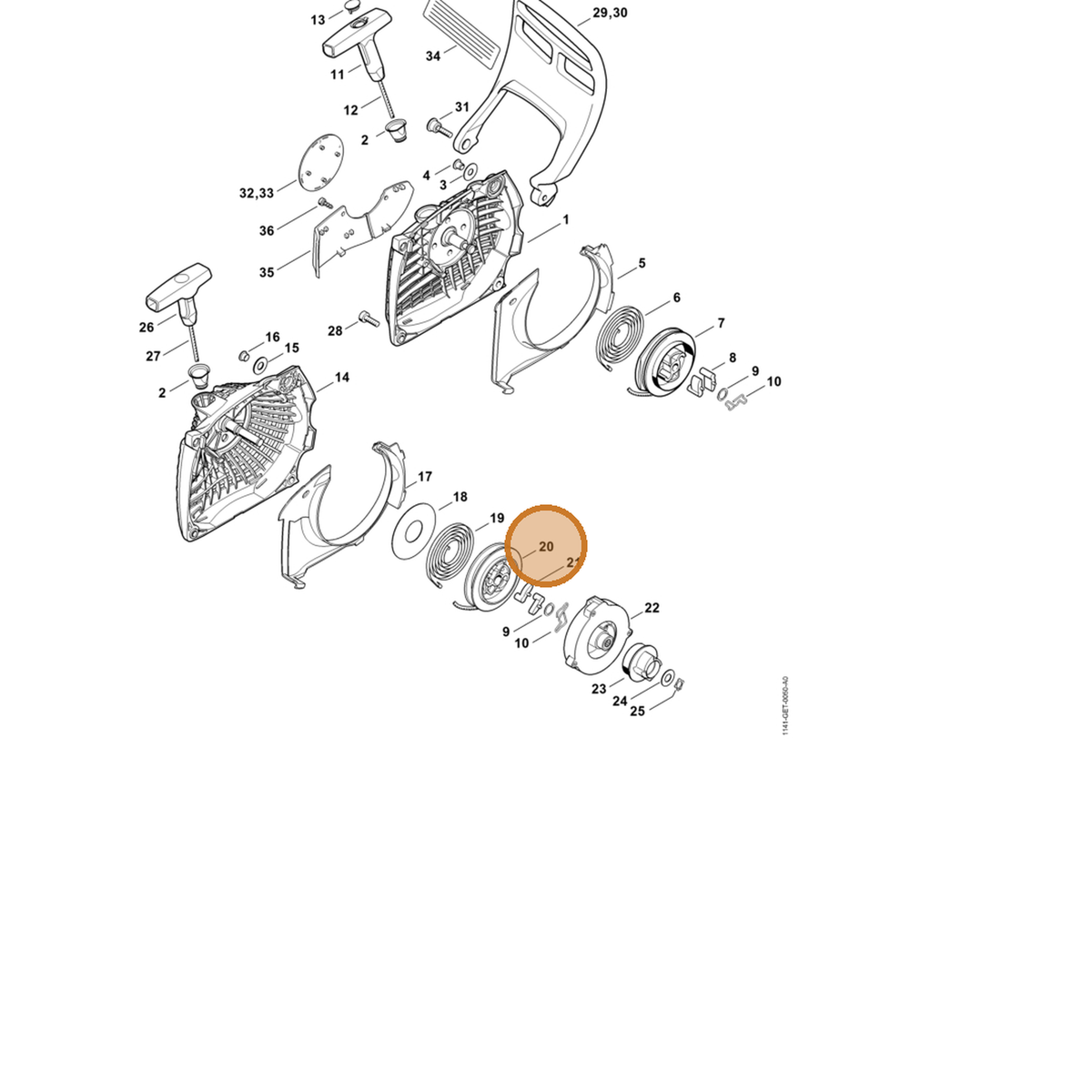 STIHL part 1141-195-0400 — IPL diagram snippet (6x zoom, amber highlight)