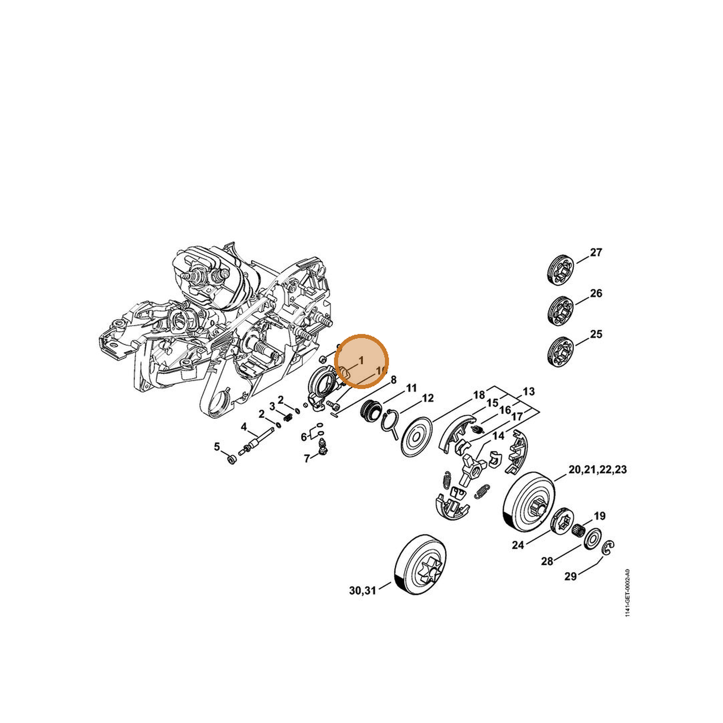 STIHL part 1141-640-3200 — IPL diagram snippet (6x zoom, amber highlight)