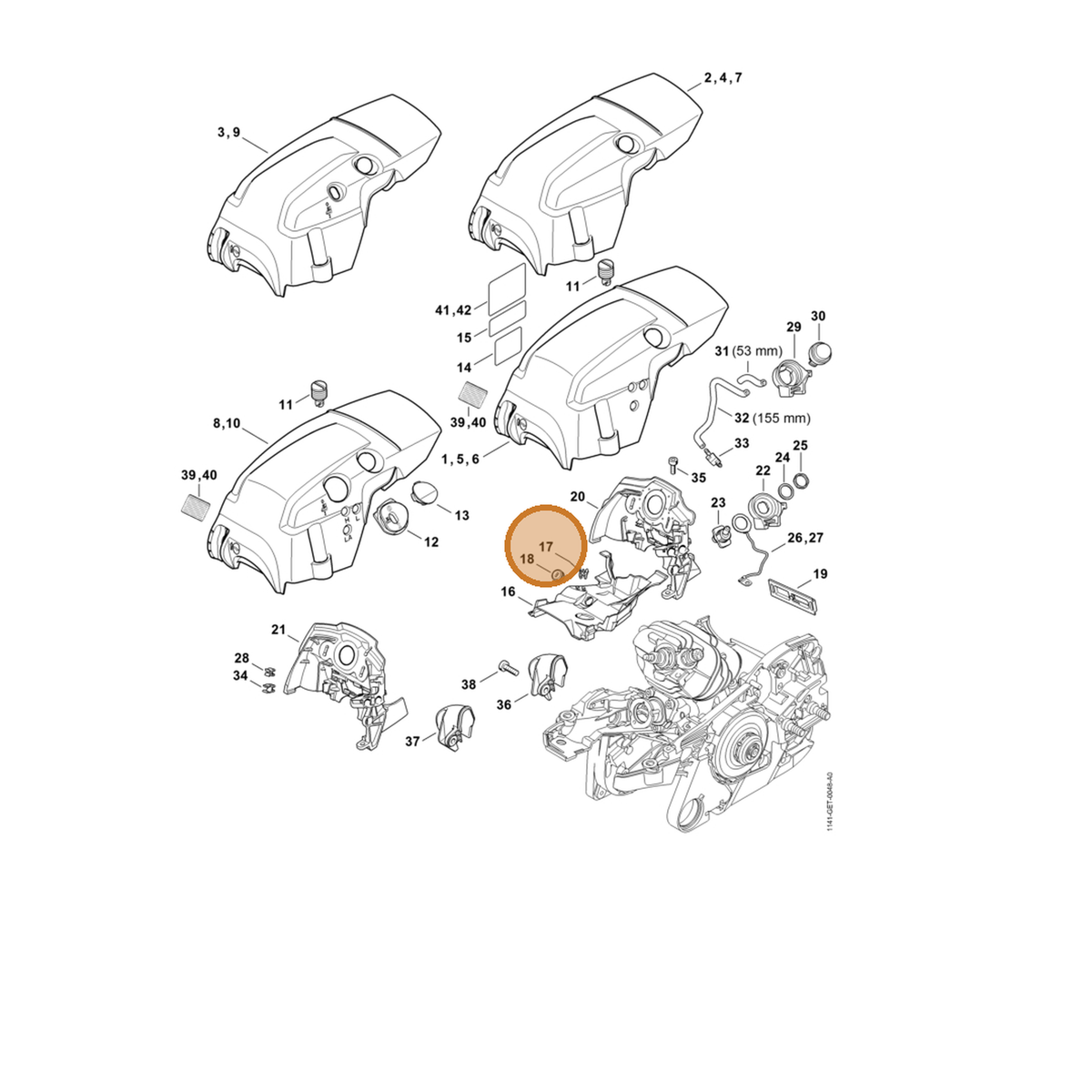 STIHL part 1141-701-3302 — IPL diagram snippet (6x zoom, amber highlight)