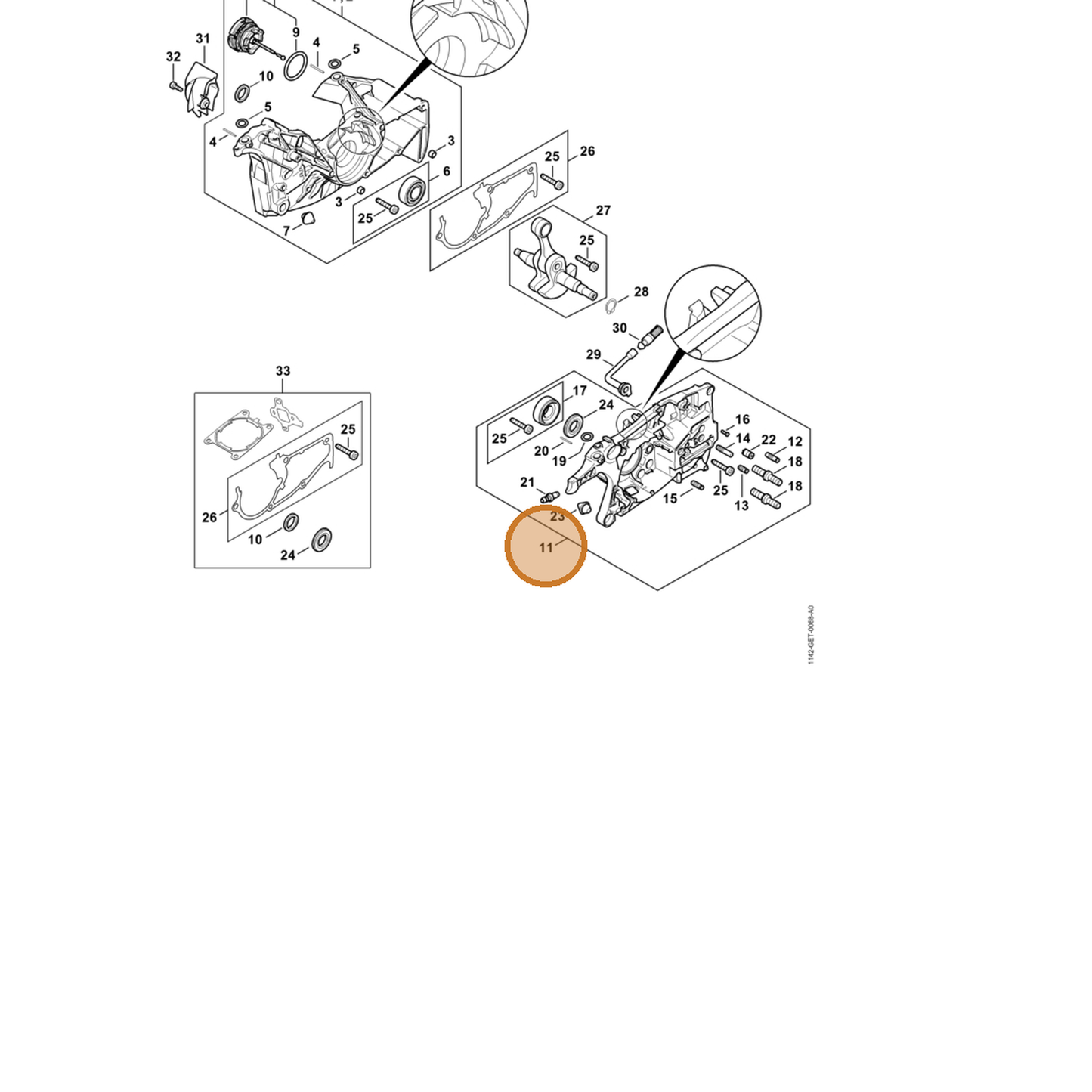 STIHL part 1142-020-2908 — IPL diagram snippet (6x zoom, amber highlight)