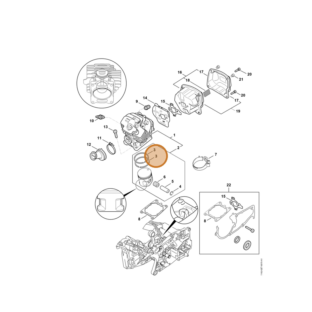 STIHL part 1142-034-3004 — IPL diagram snippet (6x zoom, amber highlight)