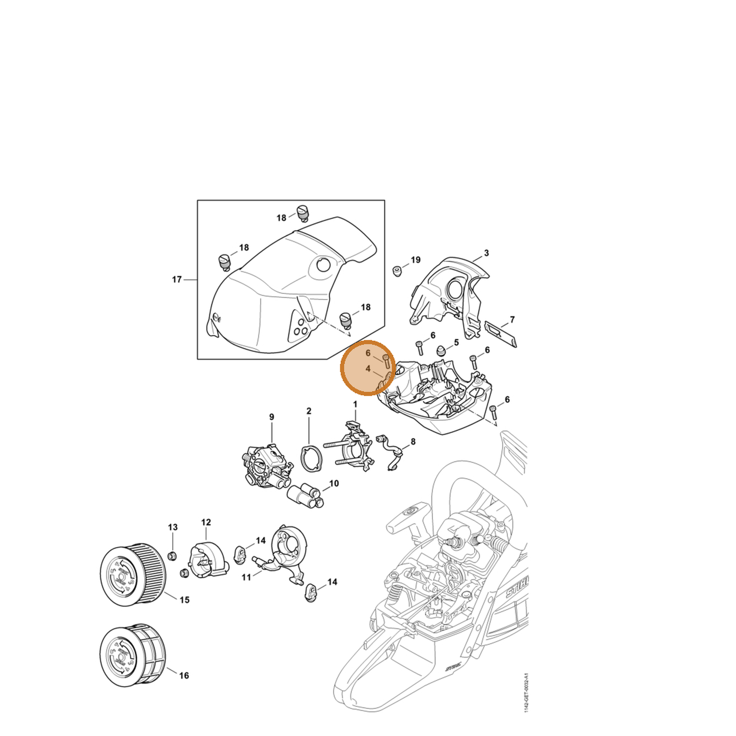 STIHL part 1142-080-0904 — IPL diagram snippet (6x zoom, amber highlight)