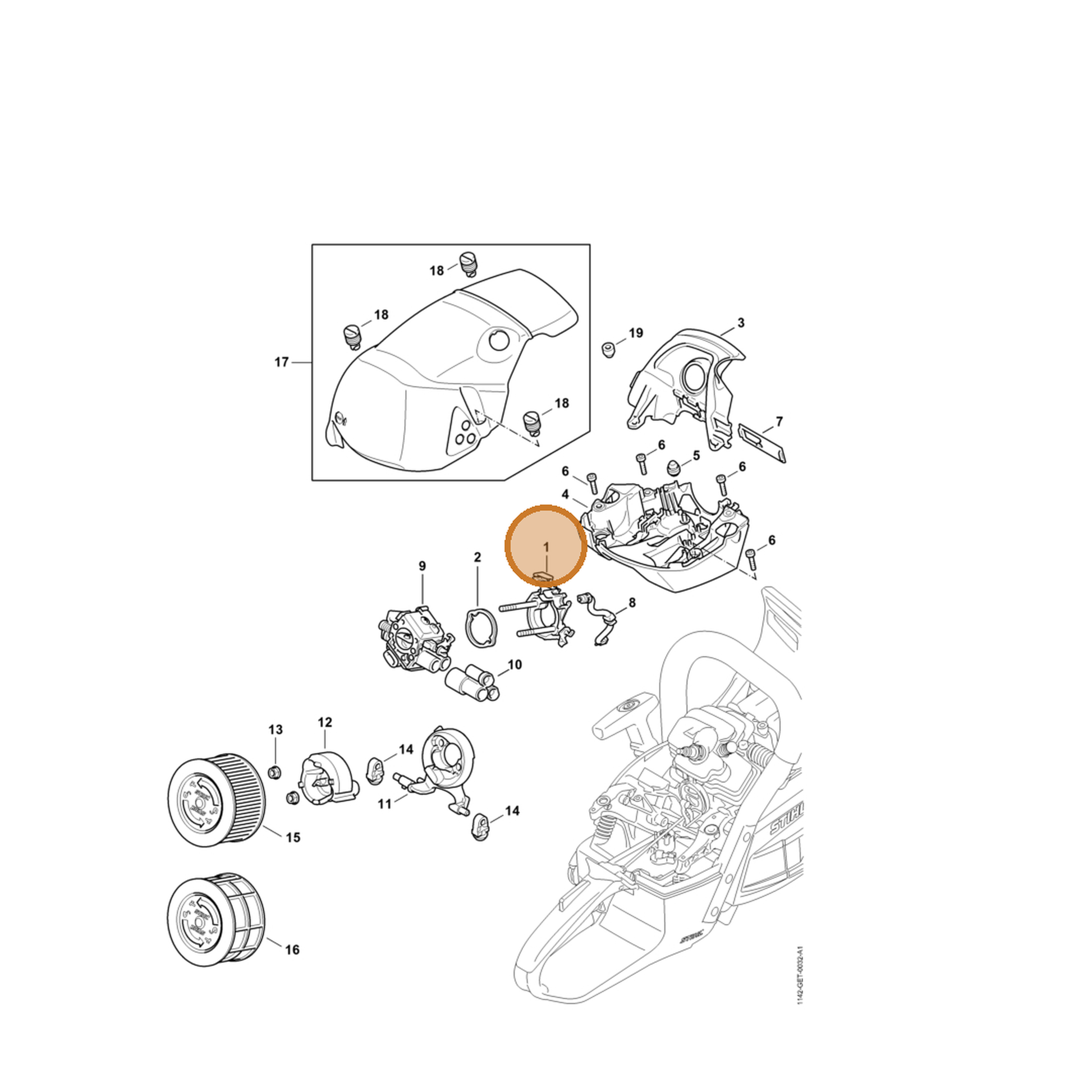 STIHL part 1142-120-0900 — IPL diagram snippet (6x zoom, amber highlight)
