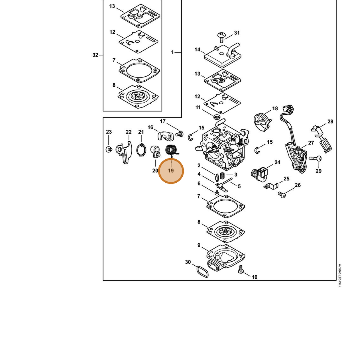 STIHL part 1142-122-3201 — IPL diagram snippet (6x zoom, amber highlight)