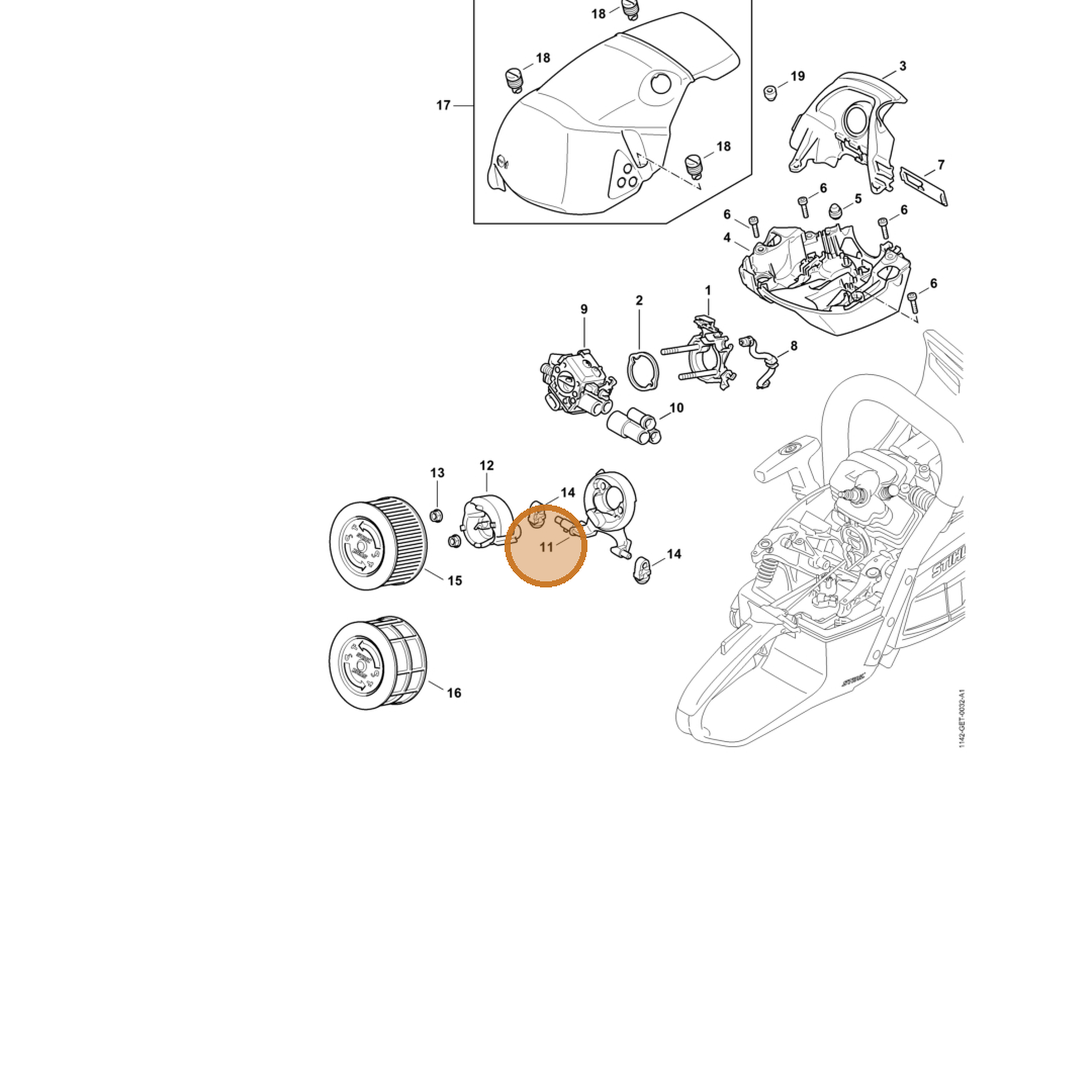 STIHL part 1142-141-0900 — IPL diagram snippet (6x zoom, amber highlight)
