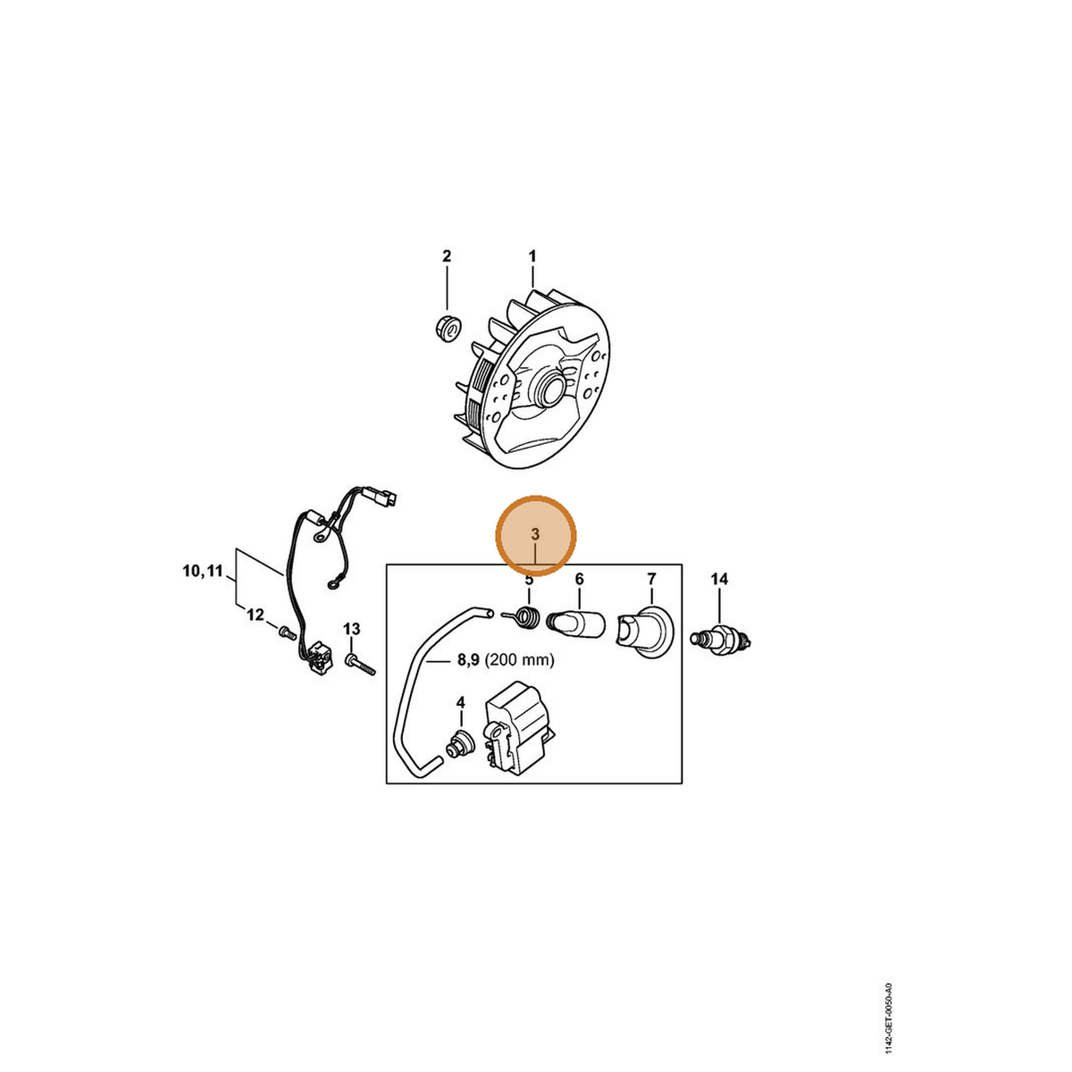 STIHL part 1142-400-4705 — IPL diagram snippet (6x zoom, amber highlight)