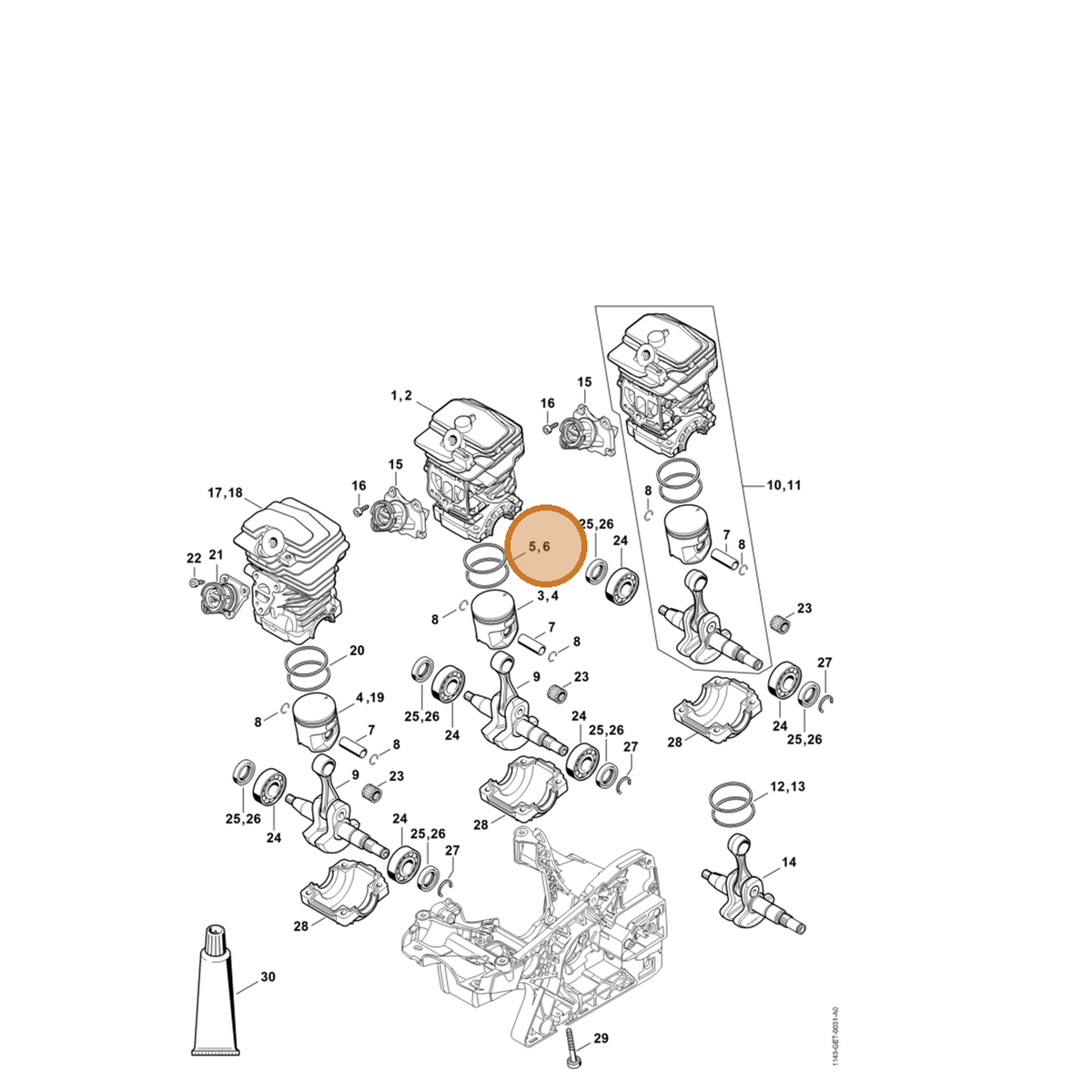 STIHL part 1143-034-3007 — IPL diagram snippet (6x zoom, amber highlight)