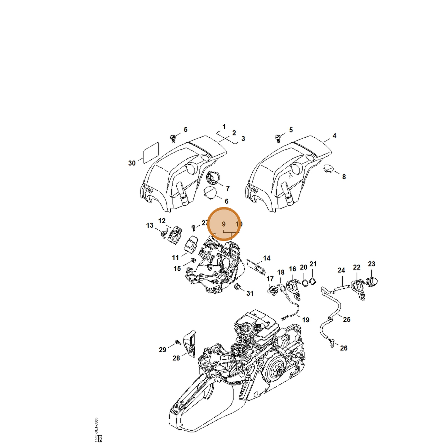 STIHL part 1143-080-0900 — IPL diagram snippet (6x zoom, amber highlight)