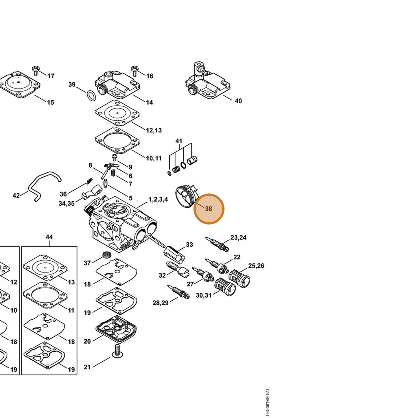 STIHL part 1143-121-9405 — IPL diagram snippet (6x zoom, amber highlight)