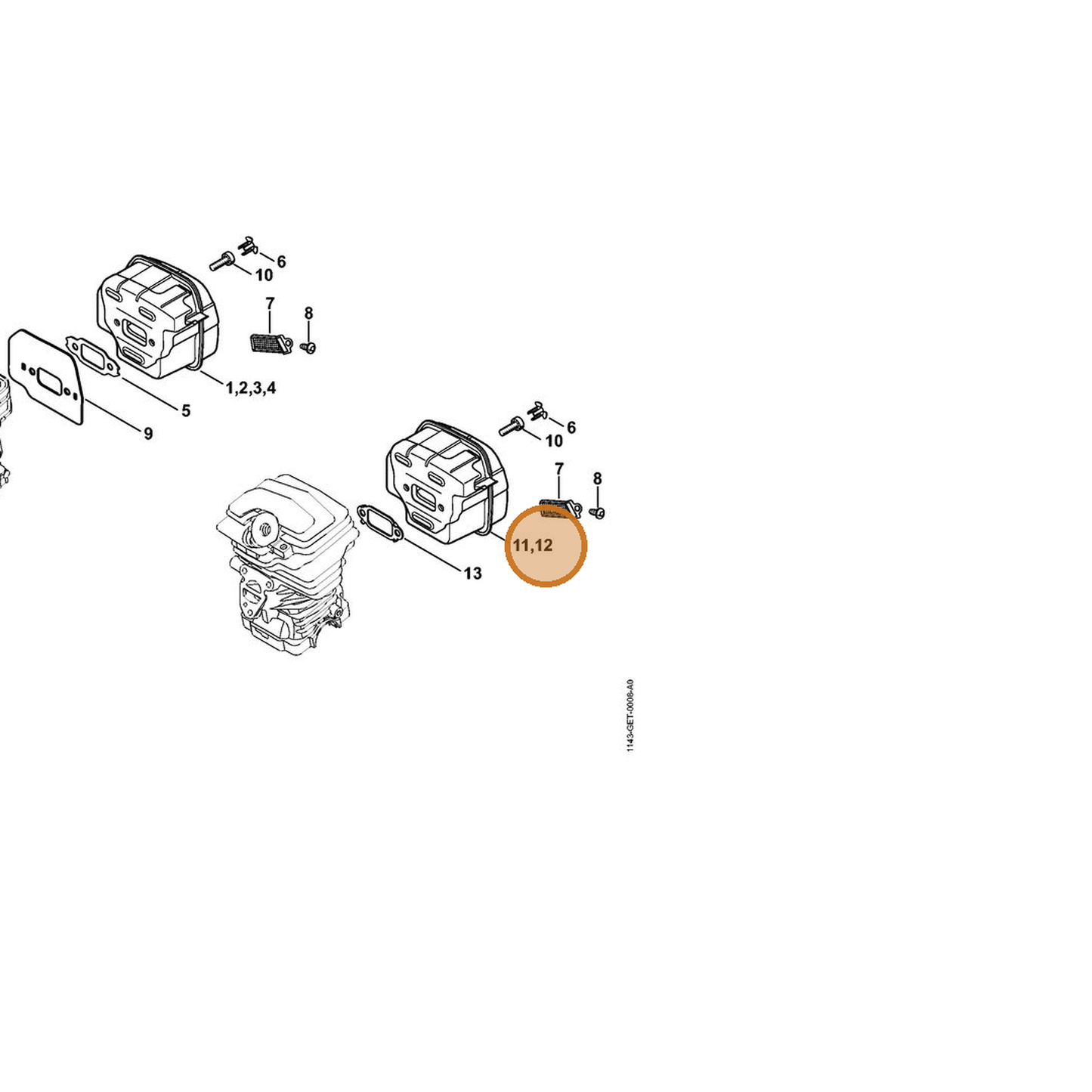 STIHL part 1143-140-0653 — IPL diagram snippet (6x zoom, amber highlight)