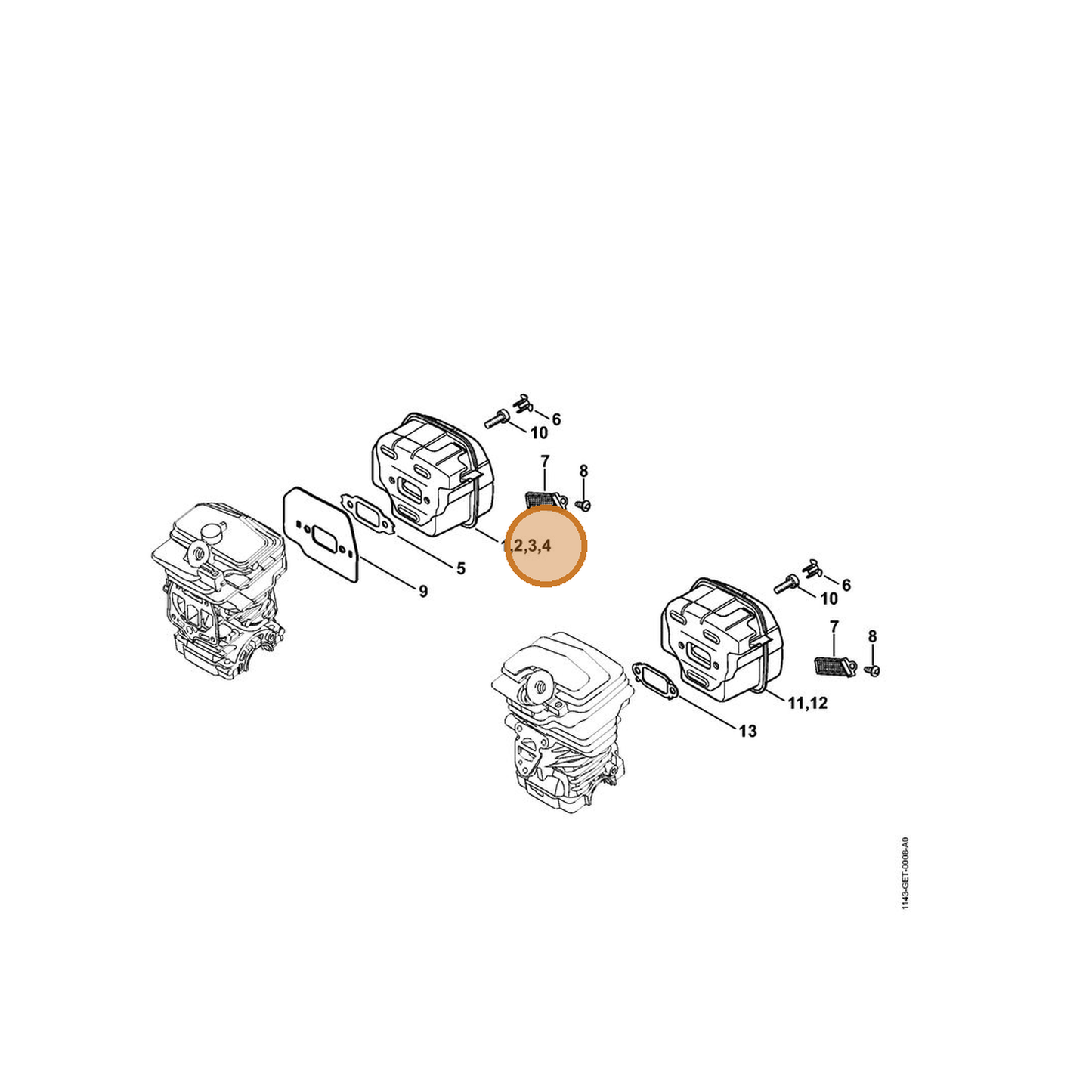 STIHL part 1143-140-0671 — IPL diagram snippet (6x zoom, amber highlight)