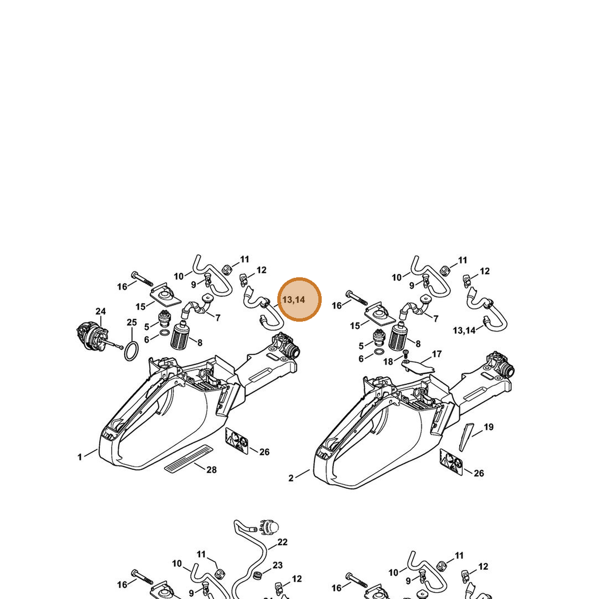 STIHL part 1143-358-7704 — IPL diagram snippet (6x zoom, amber highlight)
