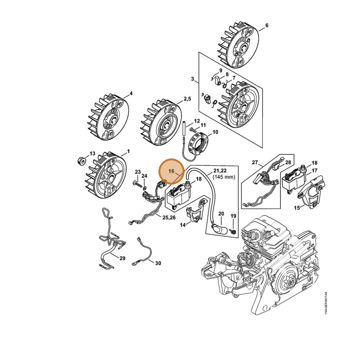 STIHL part 1143-400-4707 — IPL diagram snippet (6x zoom, amber highlight)