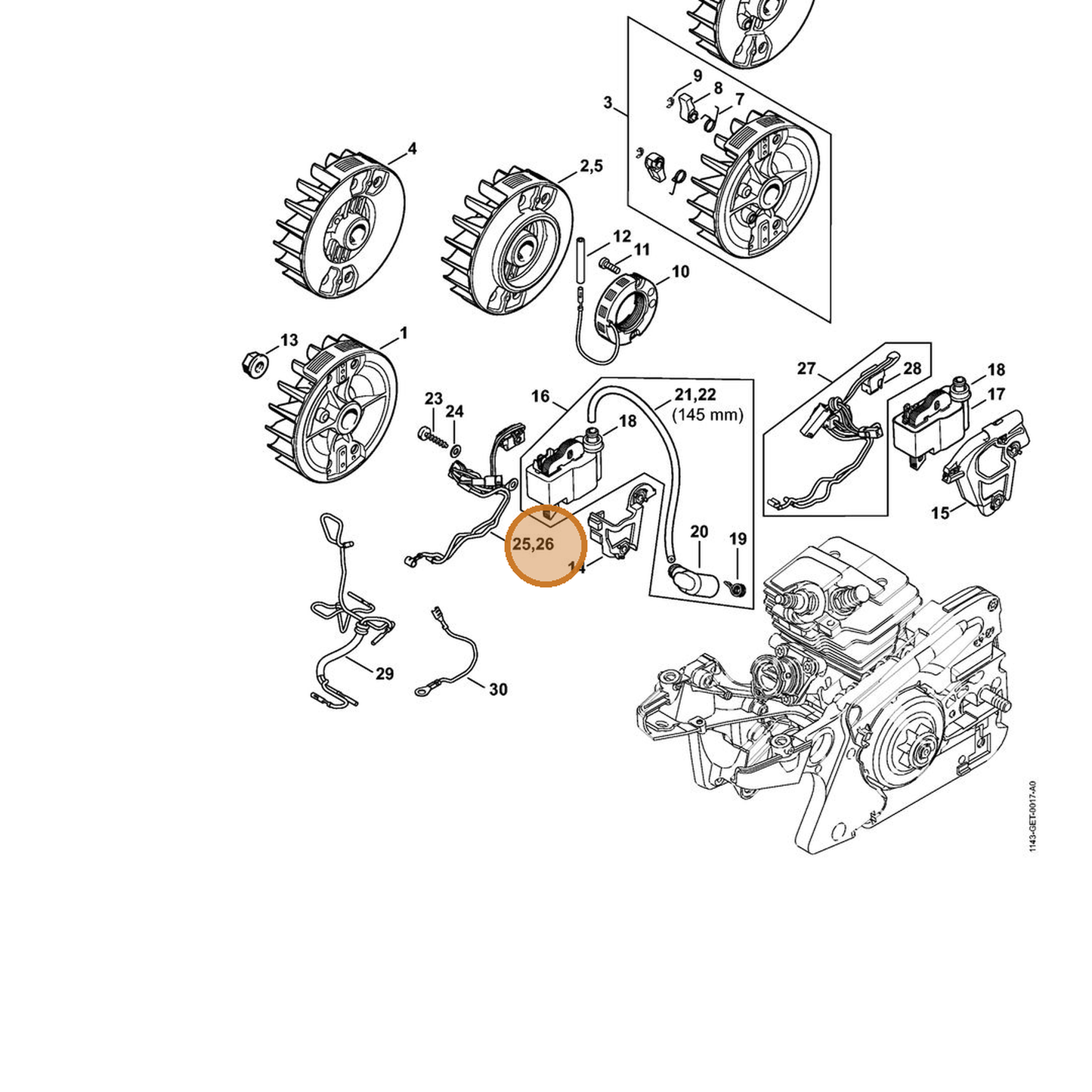STIHL part 1143-440-3008 — IPL diagram snippet (6x zoom, amber highlight)