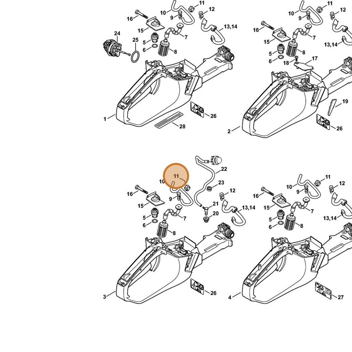 STIHL part 1143-989-0600 — IPL diagram snippet (6x zoom, amber highlight)