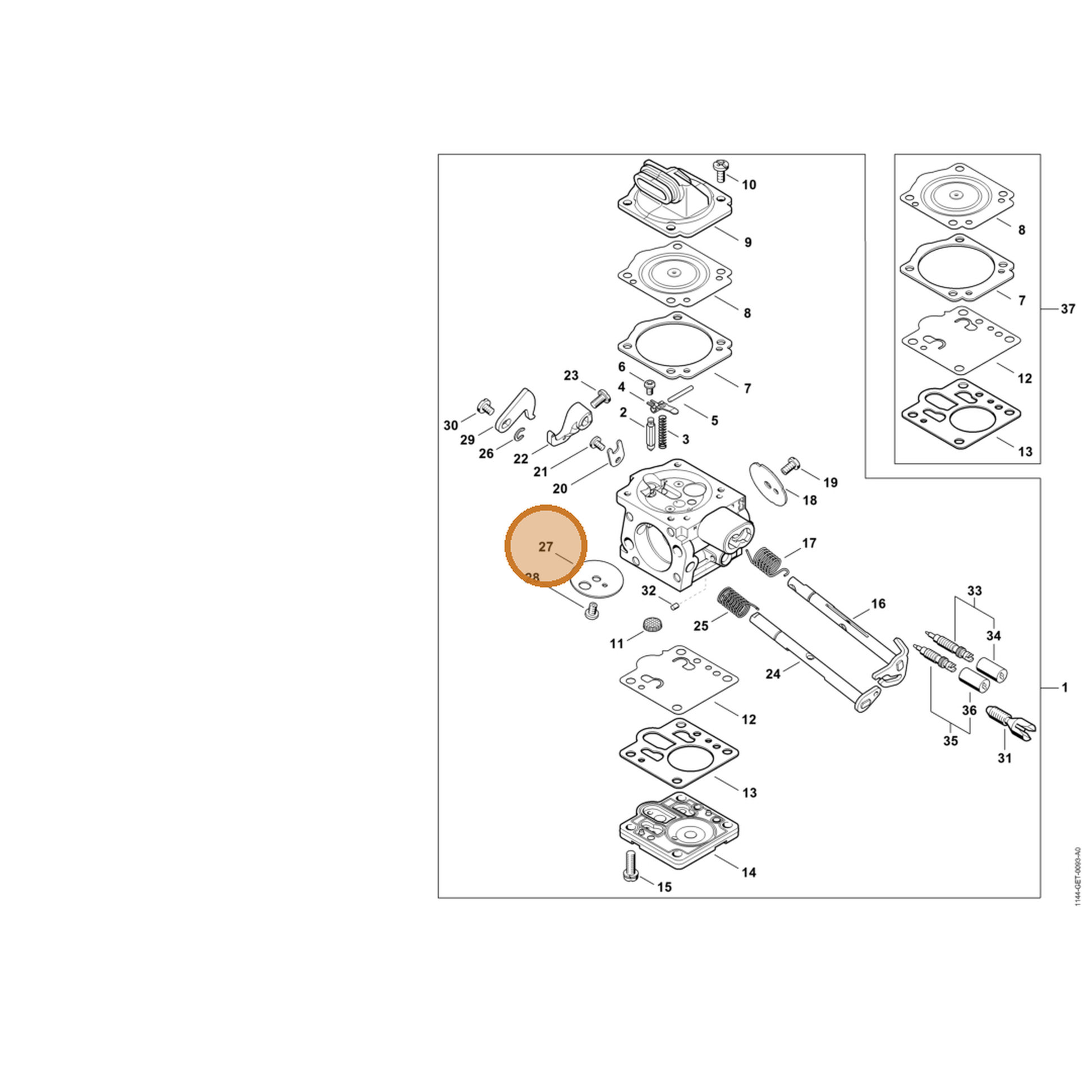 STIHL part 1144-121-2901 — IPL diagram snippet (6x zoom, amber highlight)