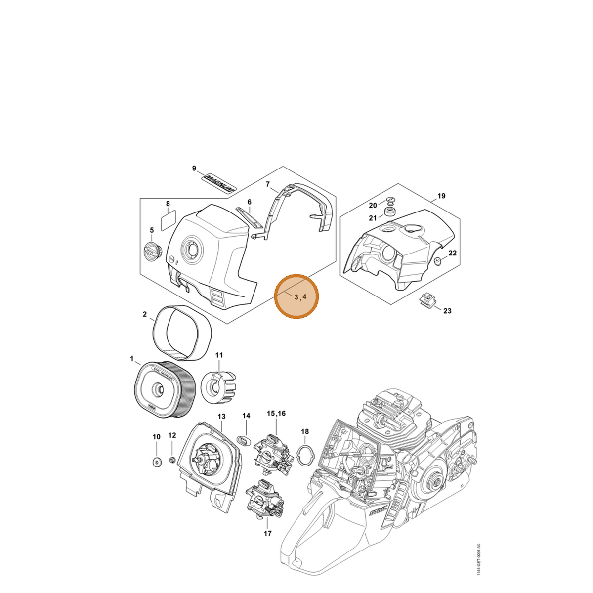STIHL part 1144-140-1001 — IPL diagram snippet (6x zoom, amber highlight)