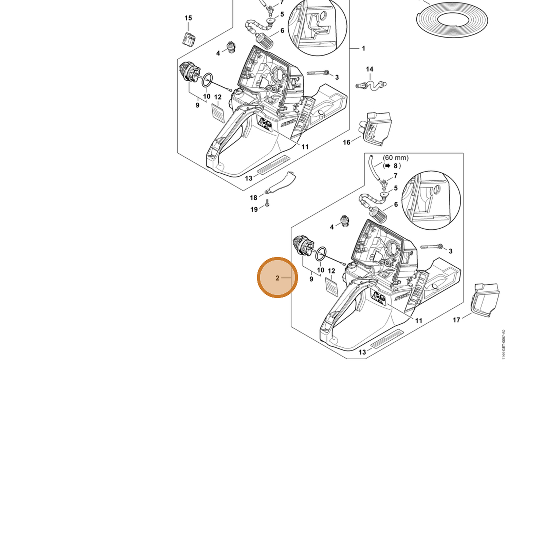 STIHL part 1144-350-0802 — IPL diagram snippet (6x zoom, amber highlight)
