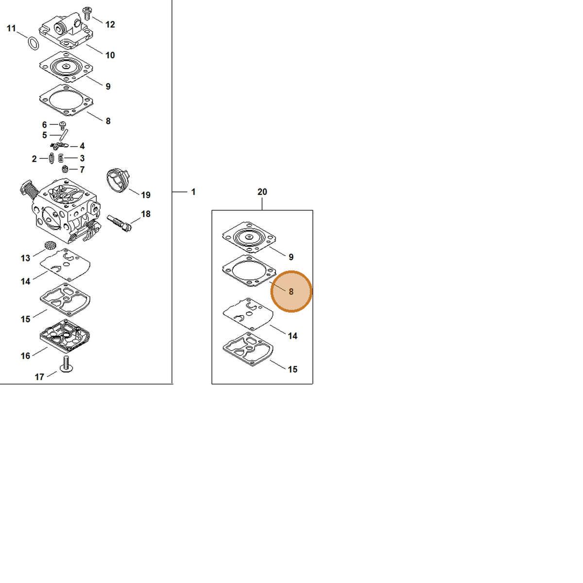 STIHL part 1145-129-0900 — IPL diagram snippet (6x zoom, amber highlight)