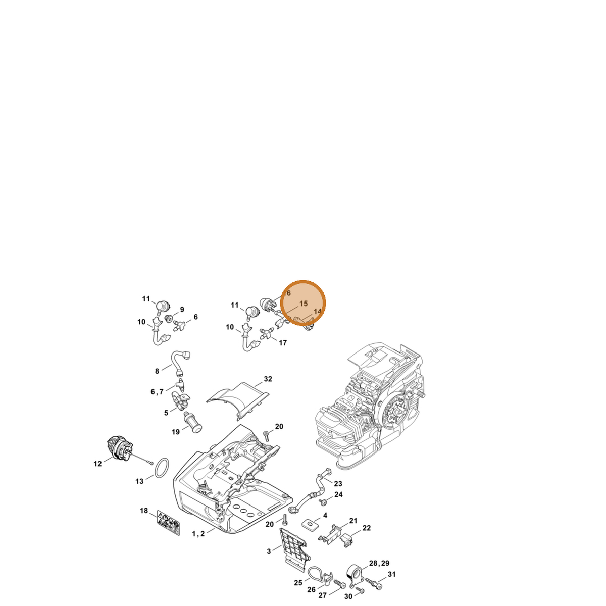 STIHL part 1145-358-7708 — IPL diagram snippet (6x zoom, amber highlight)