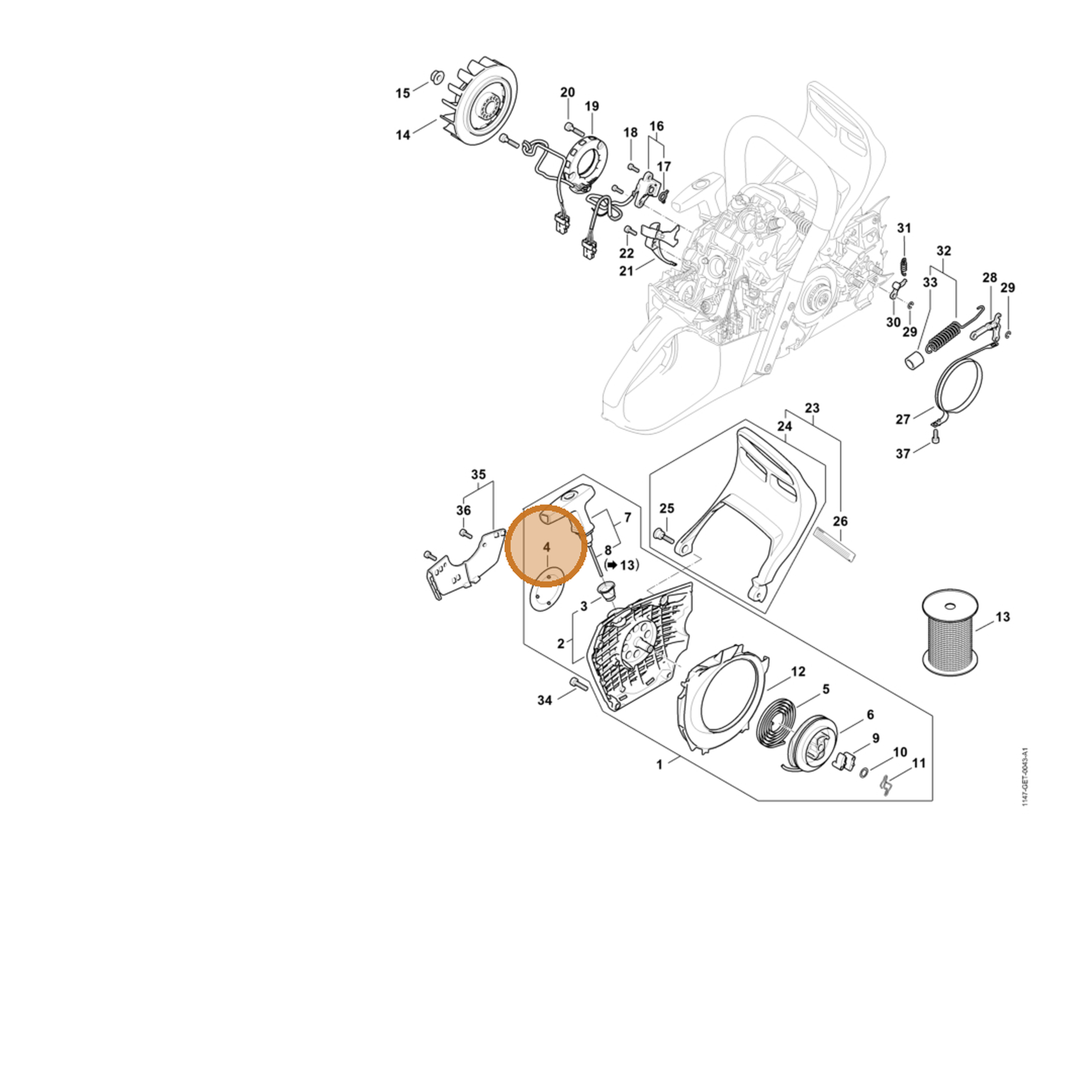 STIHL part 1147-967-1500 — IPL diagram snippet (6x zoom, amber highlight)