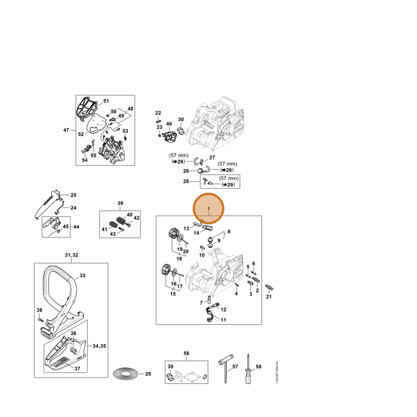 STIHL part 1148-020-3008 — IPL diagram snippet (6x zoom, amber highlight)