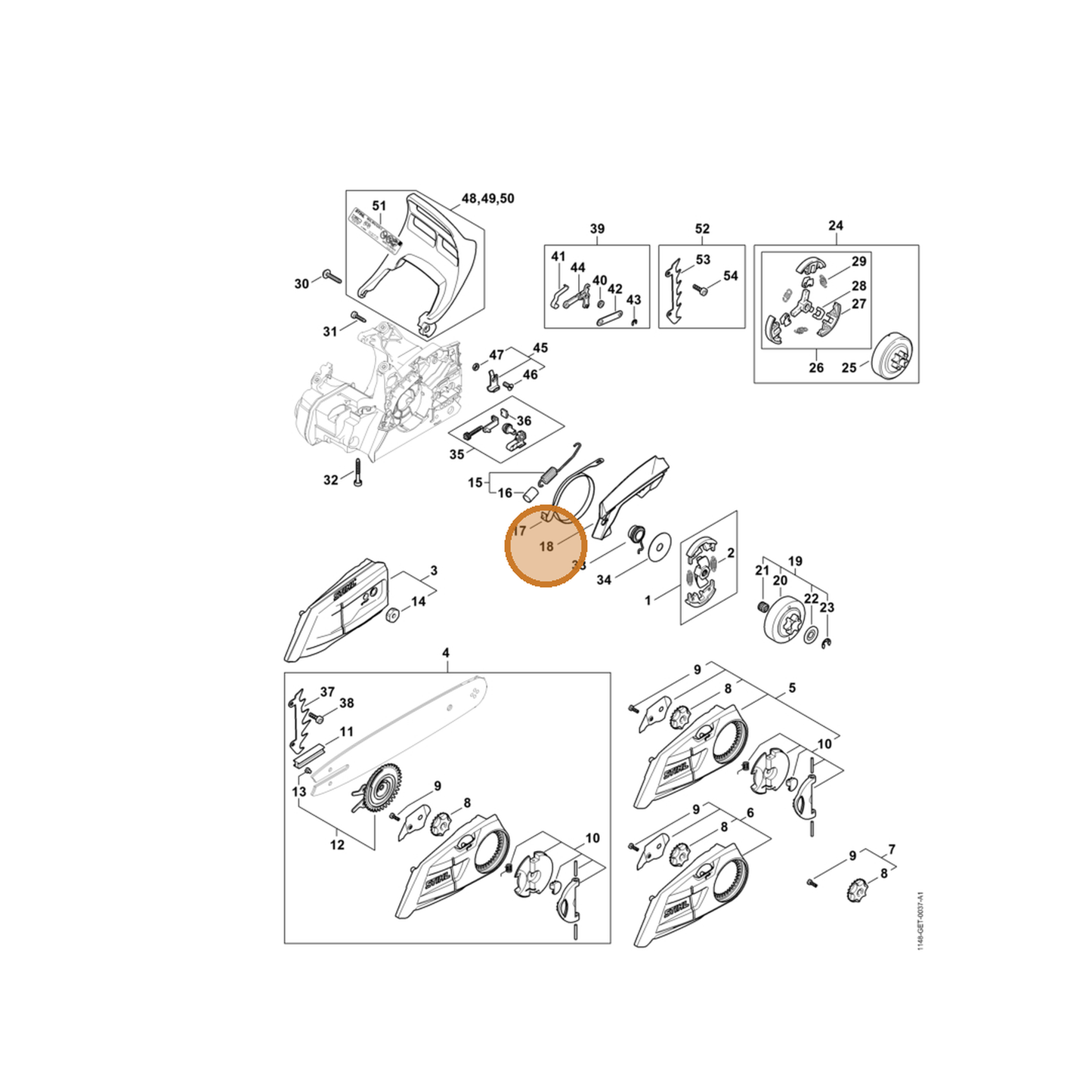 STIHL part 1148-021-1100 — IPL diagram snippet (6x zoom, amber highlight)