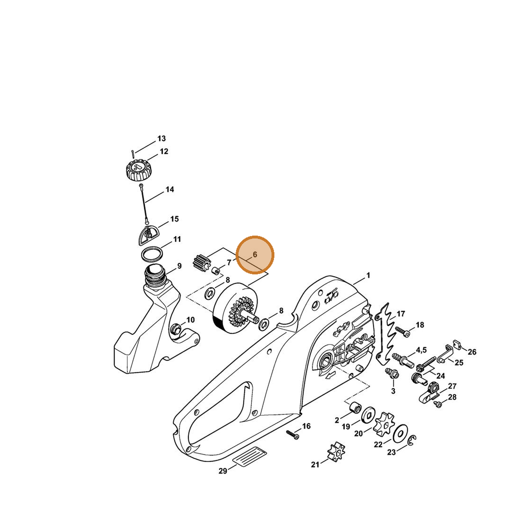 STIHL part 1208-640-7551 — IPL diagram snippet (6x zoom, amber highlight)