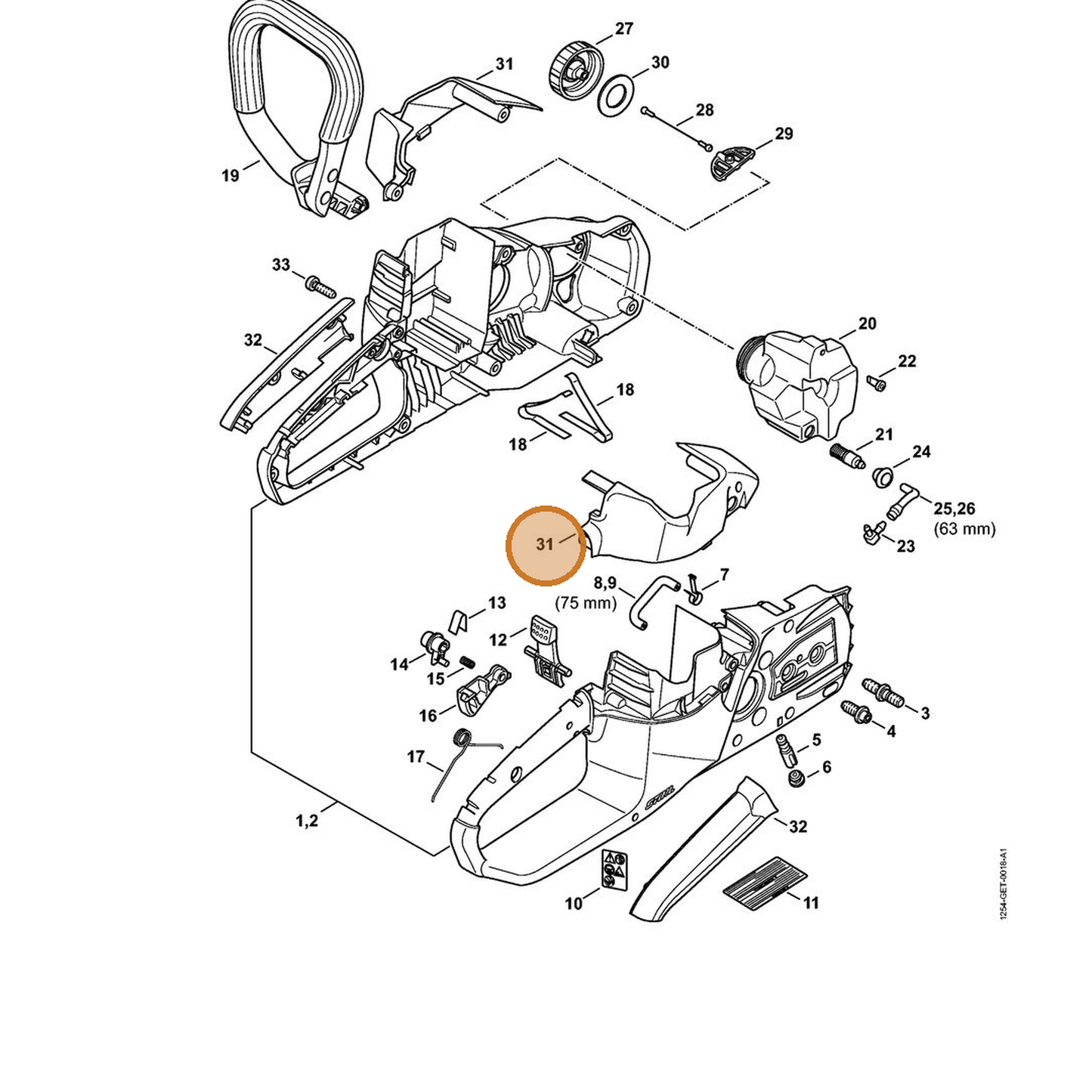 STIHL part 1254-080-1600 — IPL diagram snippet (6x zoom, amber highlight)