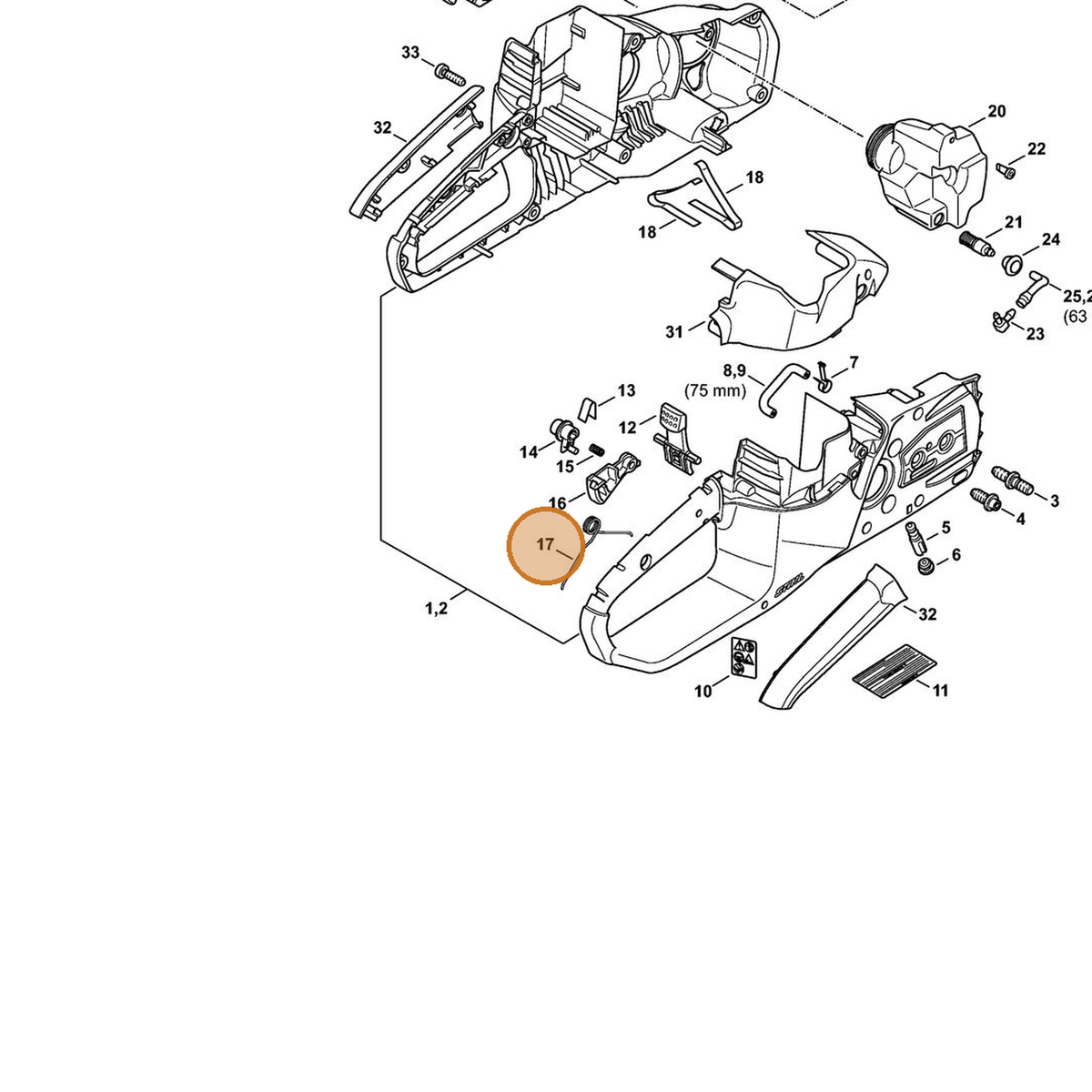 STIHL part 1254-182-4500 — IPL diagram snippet (6x zoom, amber highlight)