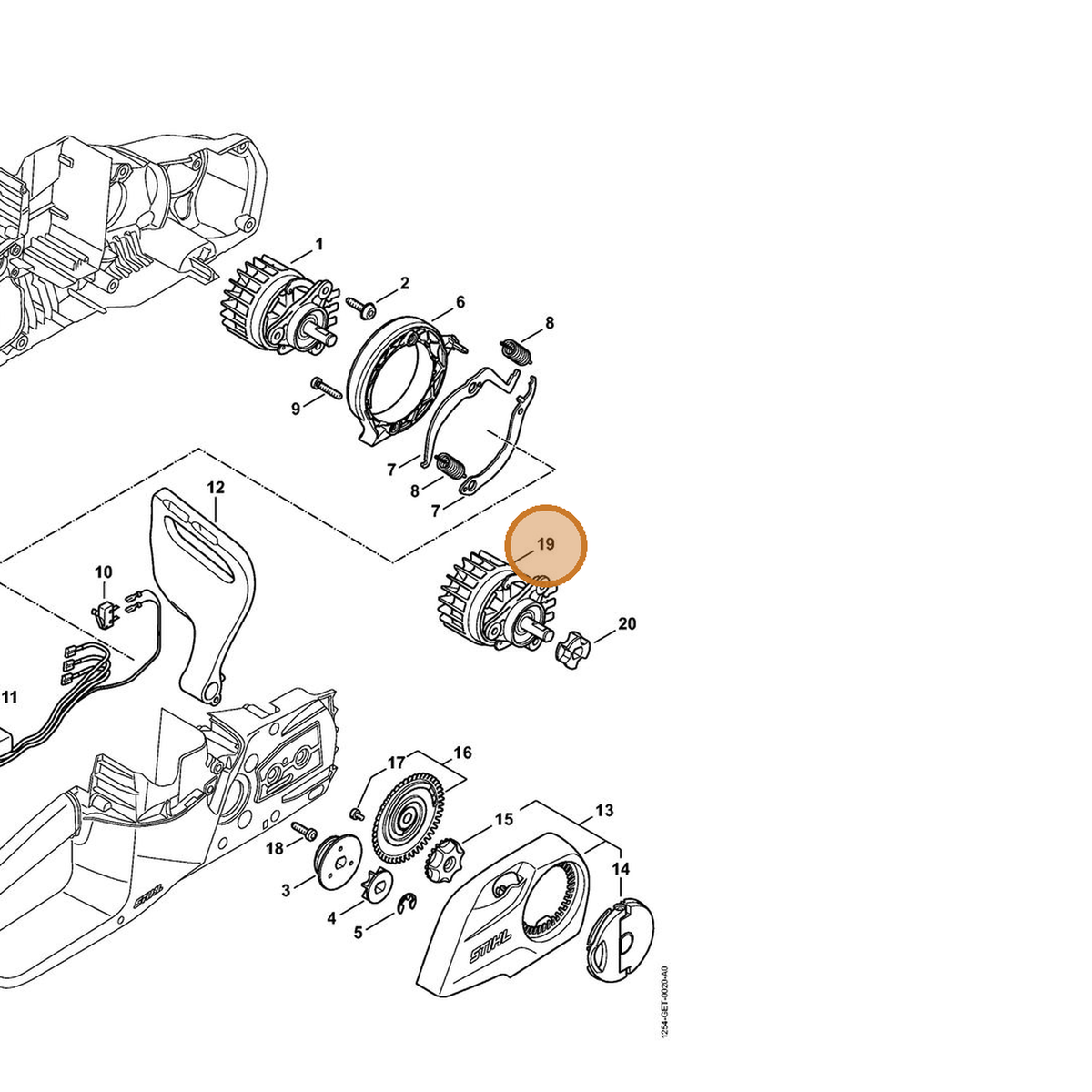 STIHL part 1254-600-0240 — IPL diagram snippet (6x zoom, amber highlight)