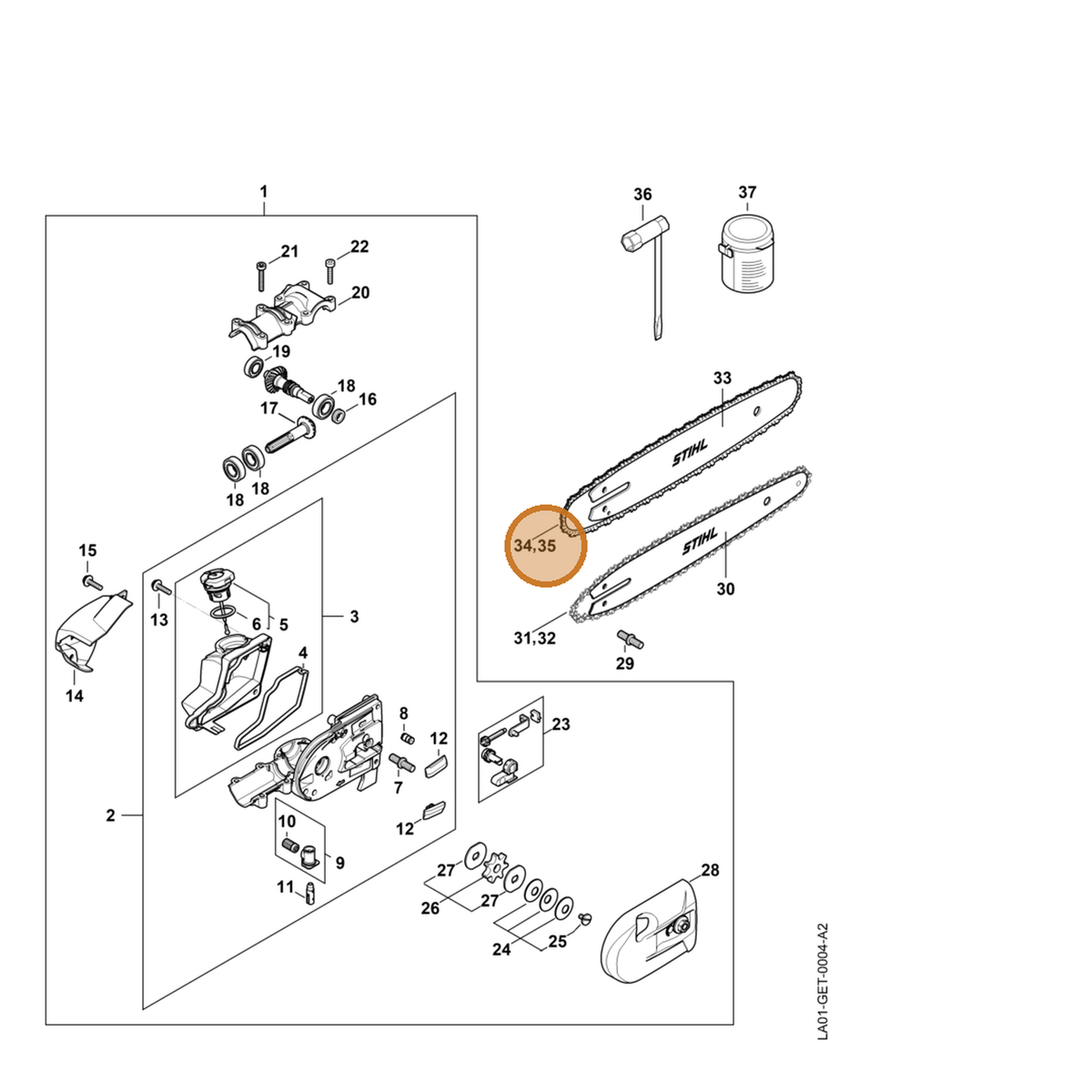 STIHL part 3610-005-0039 — IPL diagram snippet (6x zoom, amber highlight)