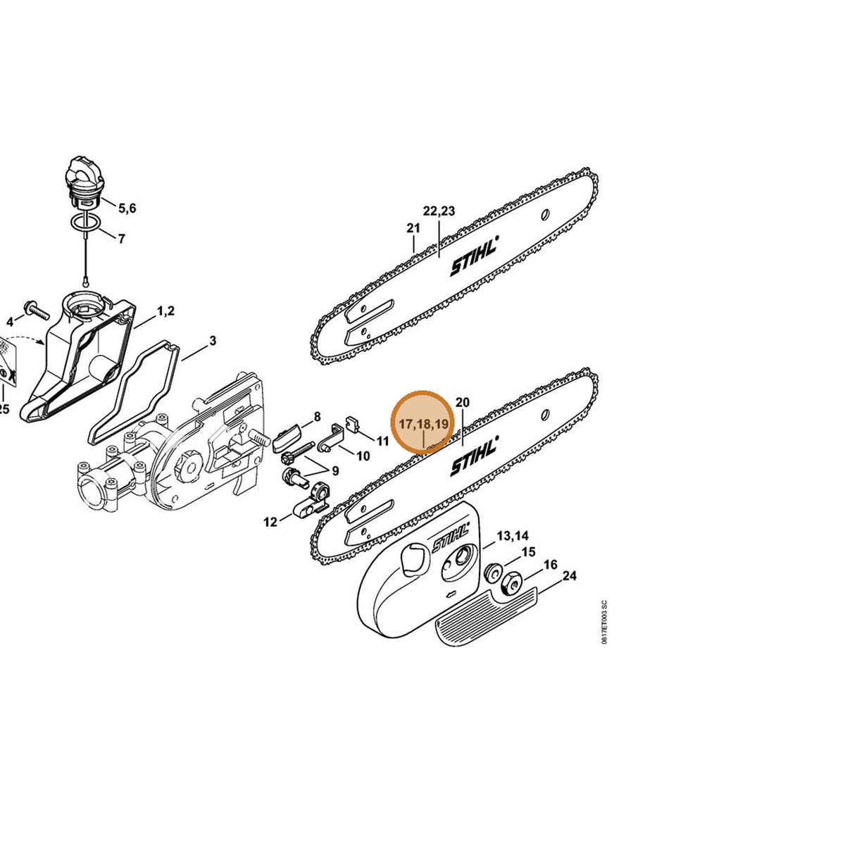 STIHL part 3610-005-0044 — IPL diagram snippet (6x zoom, amber highlight)
