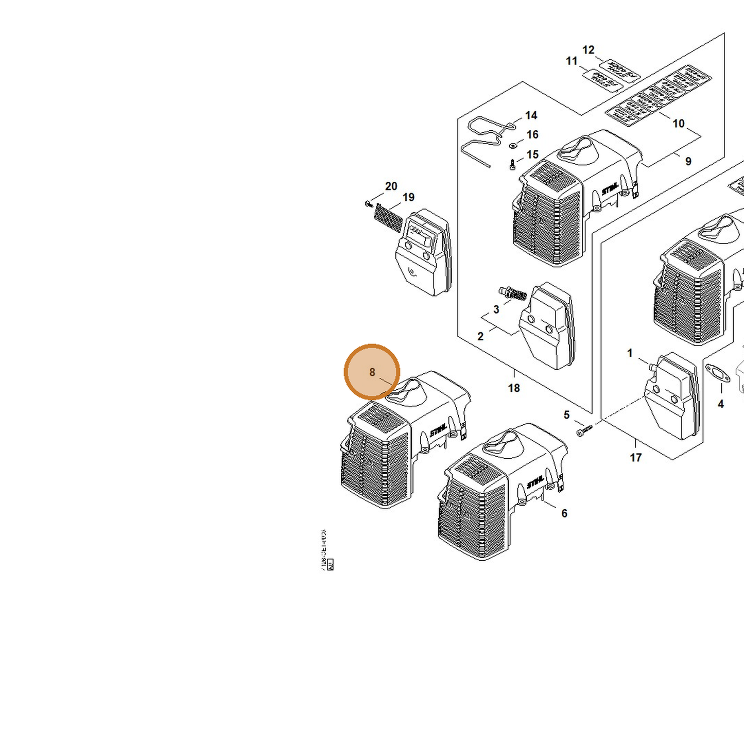 STIHL part 4128-084-0908 — IPL diagram snippet (6x zoom, amber highlight)