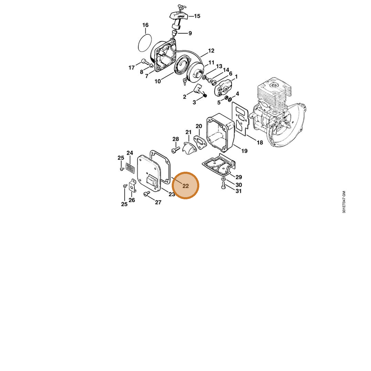STIHL part 4129-149-0605 — IPL diagram snippet (6x zoom, amber highlight)