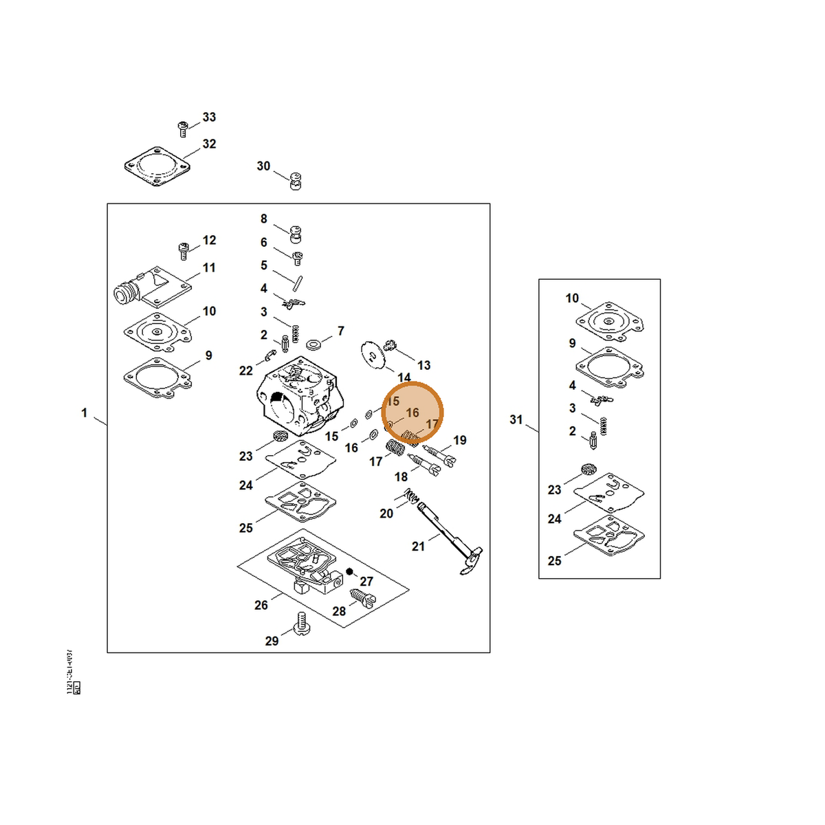 STIHL part 4130-121-8601 — IPL diagram snippet (6x zoom, amber highlight)