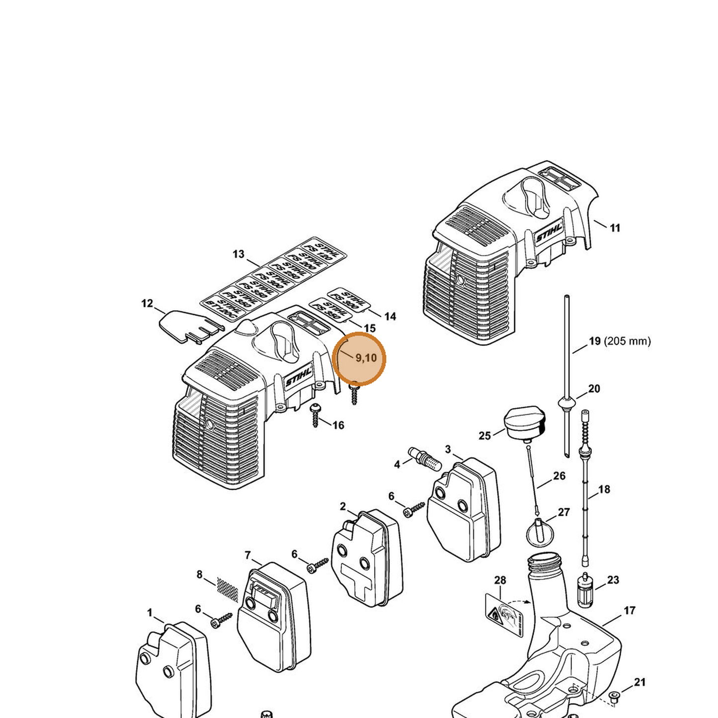 STIHL part 4134-084-0910 — IPL diagram snippet (6x zoom, amber highlight)